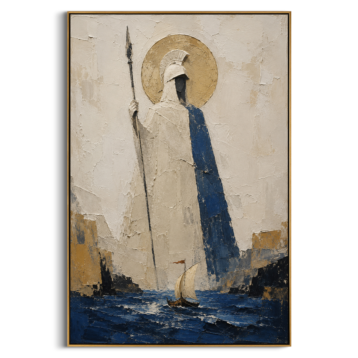 "Athena Spear Above The White Sail" - Modern Heavy Impasto Coastal Landscape | Blue & Beige Palette Knife Painting | Luxury Vertical Wall Art #PT 1330
