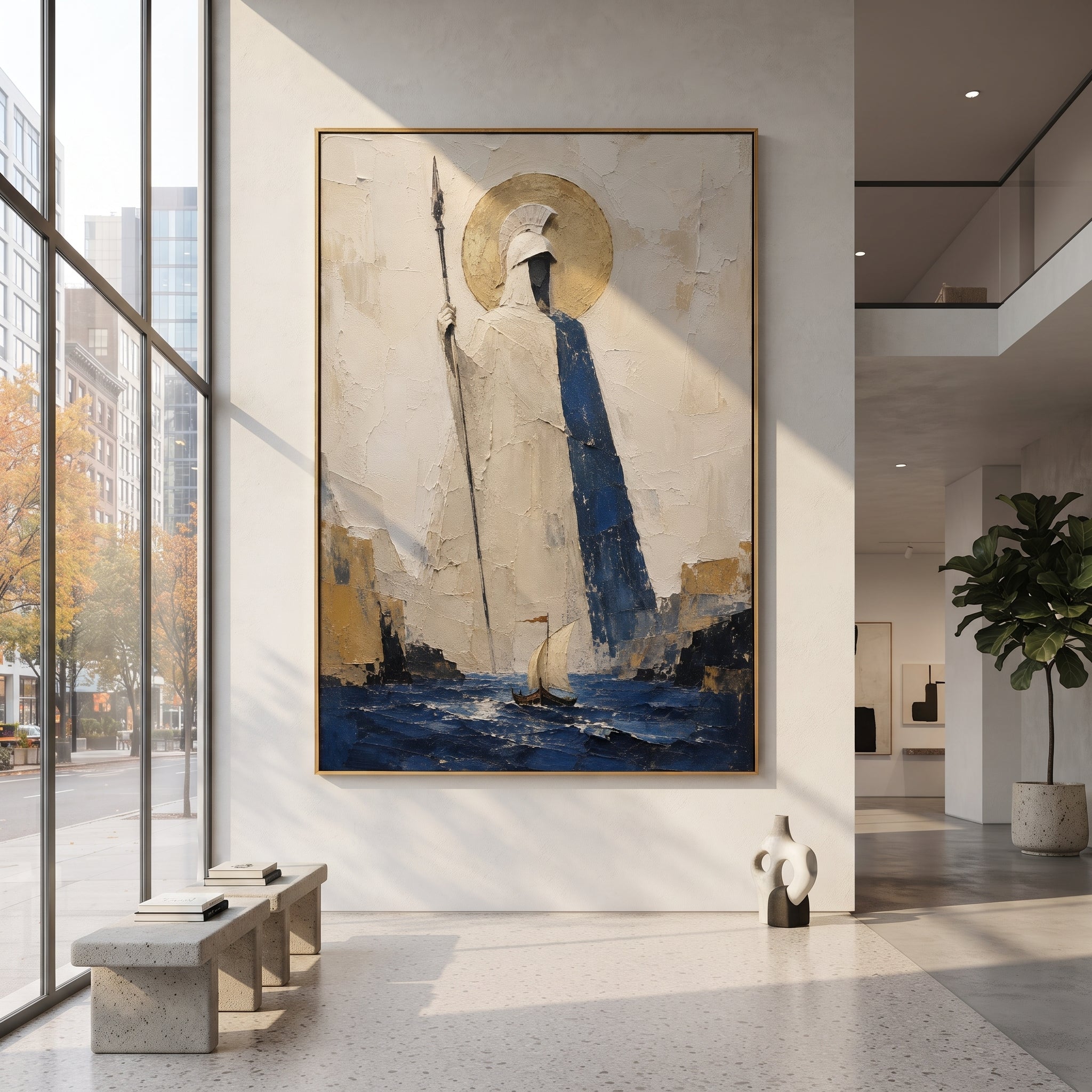 Athena stands above the channel with spear in hand while the small sail moves through the blue below. The gold circle behind her makes protection feel watchful, formal, and immense.