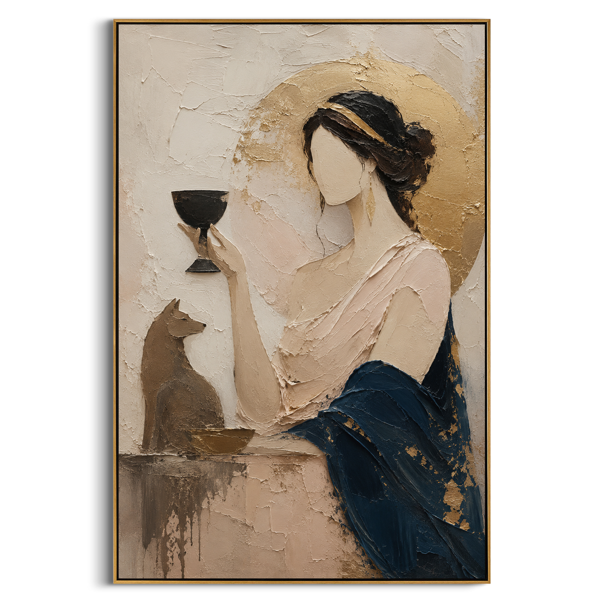 "Persephone With Cup And Silent Hound" - Modern Heavy Impasto Coastal Landscape | Beige & Blue Palette Knife Painting | Luxury Vertical Wall Art #PT 1331