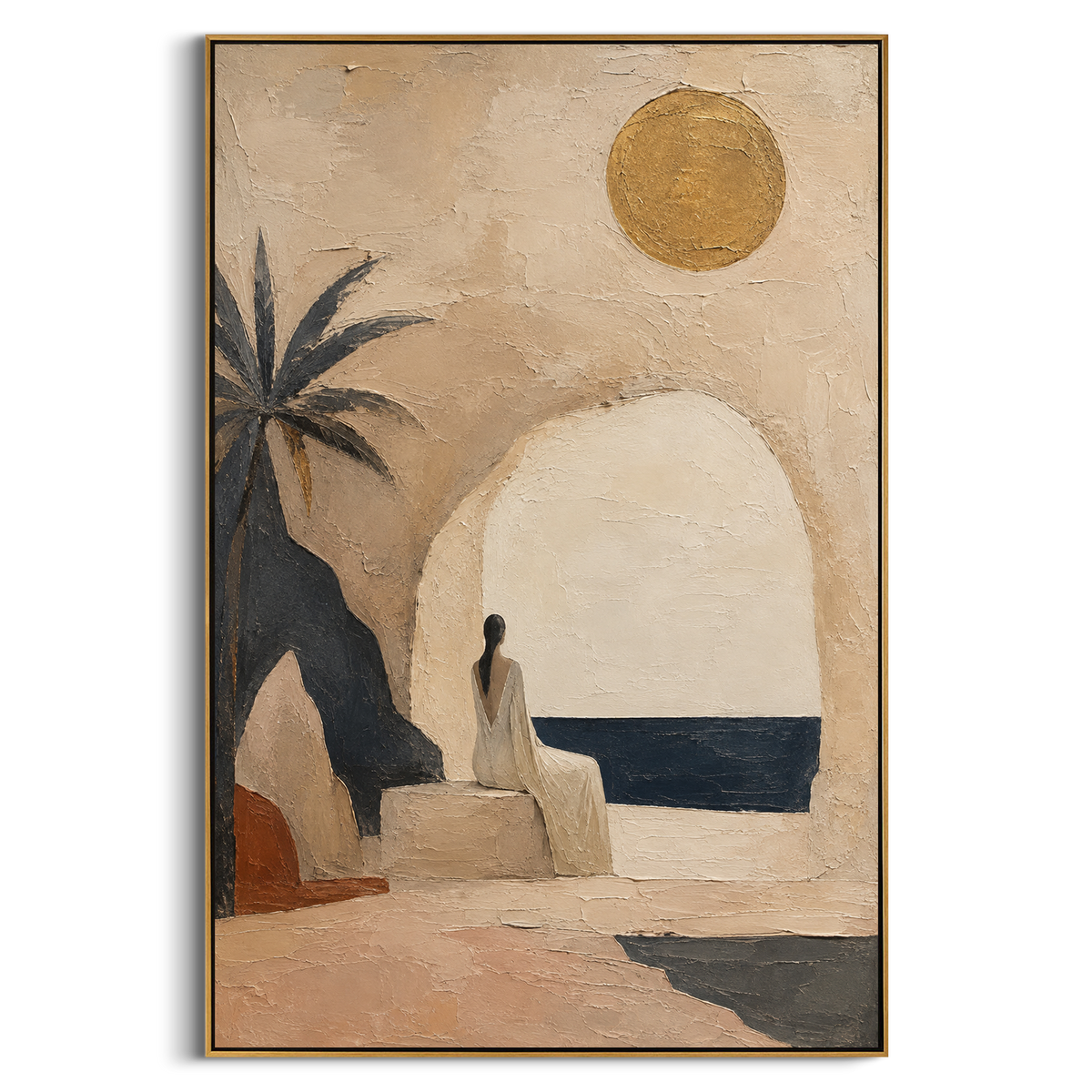 "Woman Waiting At The White Sea Window" - Modern Heavy Impasto Coastal Landscape | Beige & Black Palette Knife Painting | Luxury Vertical Wall Art #PT 1332