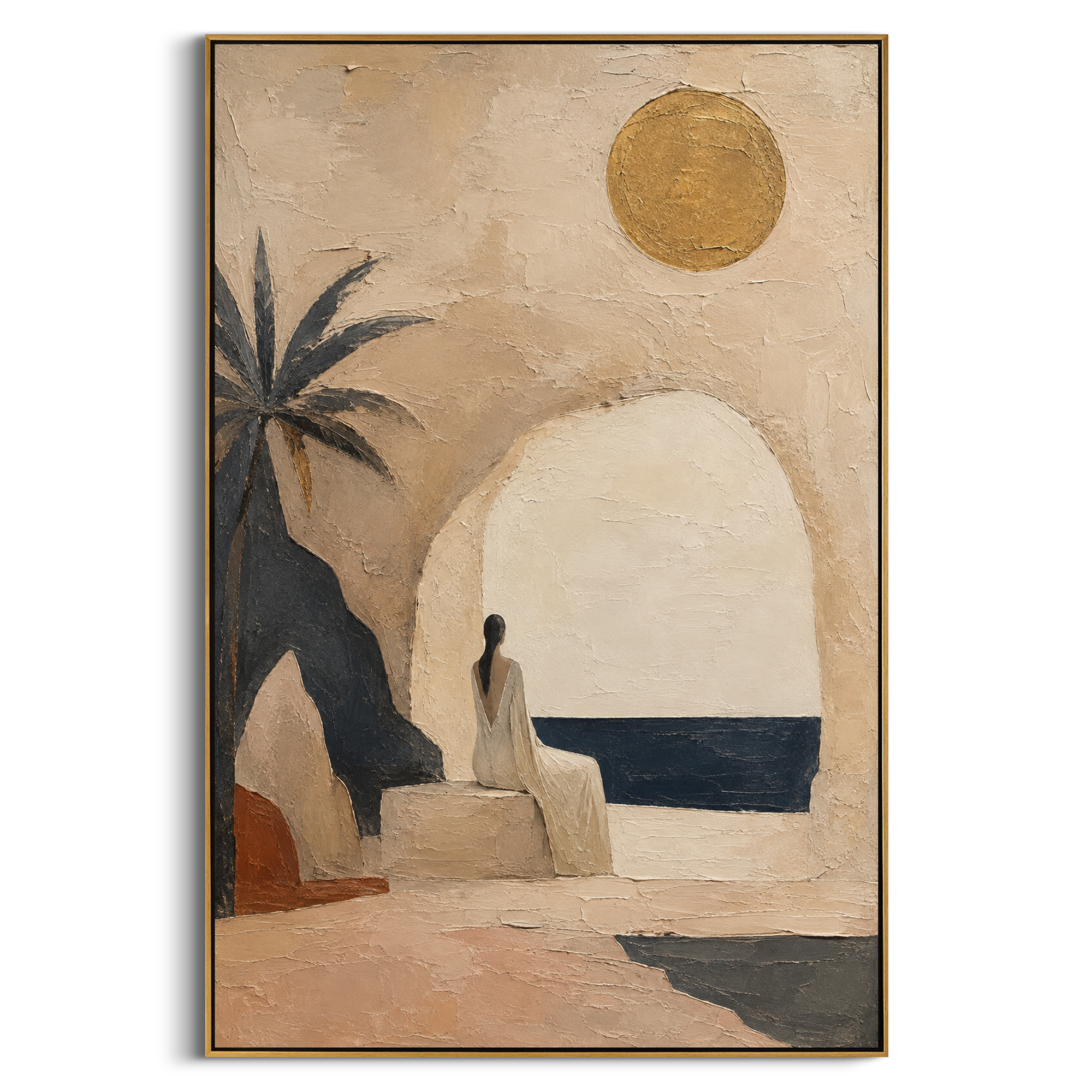 A woman sits facing the sea through a white arch, with the sun held high above the still room. The dark palm and empty water make her waiting feel warm, distant, and private.