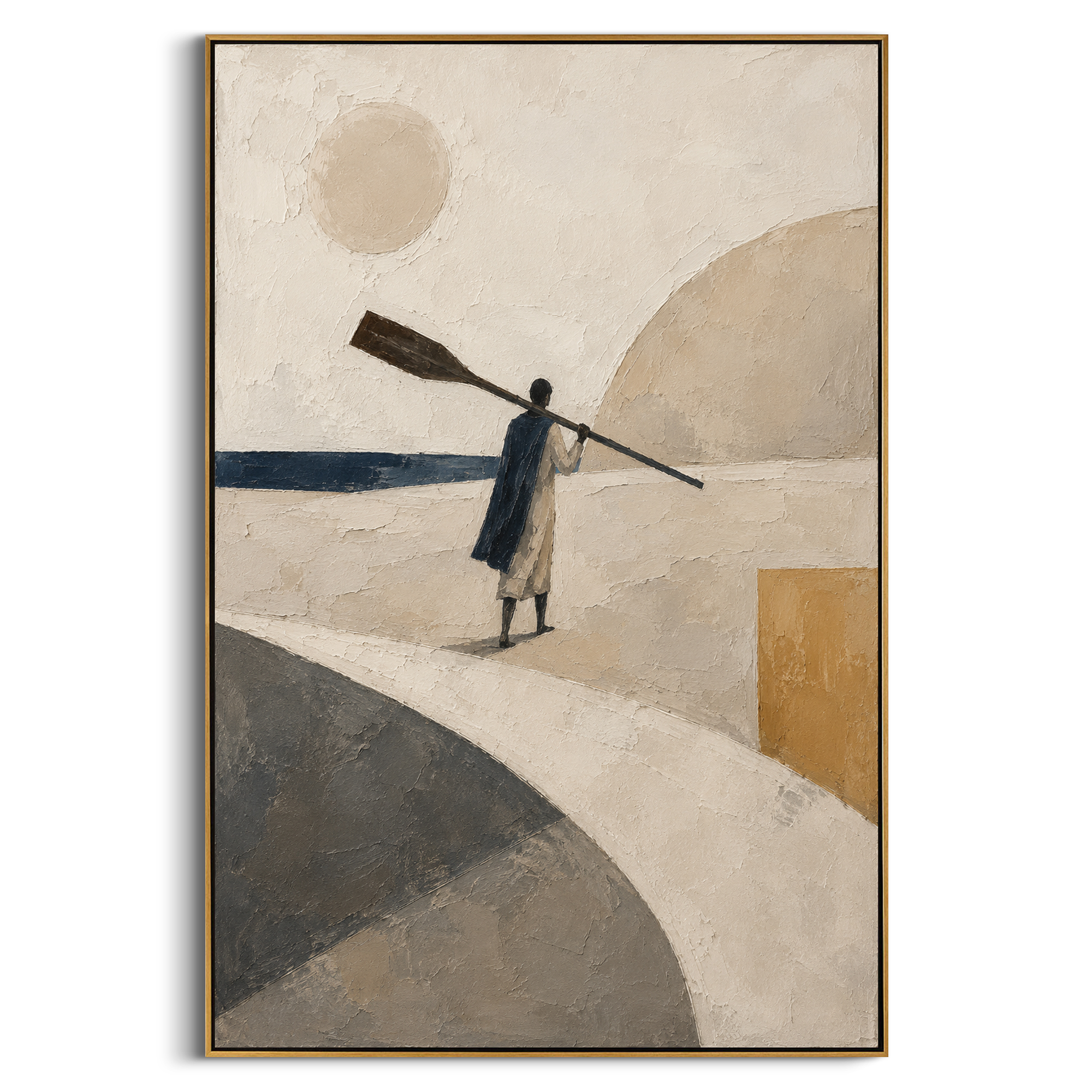The oarsman carries the oar across his shoulders as if bearing the whole voyage on his back. The spare shore reduces the story to effort, silence, and the line of sea.