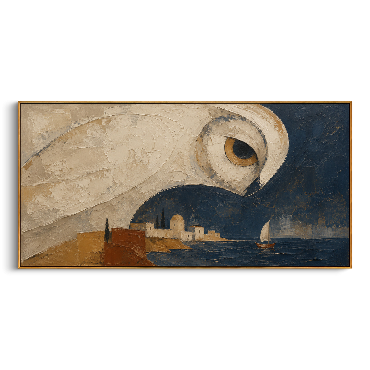 "Athena Owl Over The Blue Harbor" - Modern Heavy Impasto Coastal Landscape | Beige & Blue Palette Knife Painting | Luxury Horizontal Wall Art #PT 1334