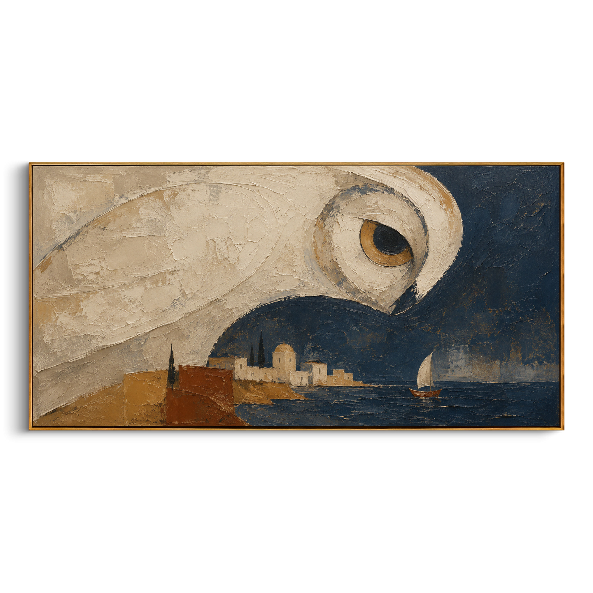 The owl stretches across the harbor sky, its eye lowered toward the small sail below. Athena's sign becomes shelter and surveillance at once, wrapping the blue town in a silent wing.