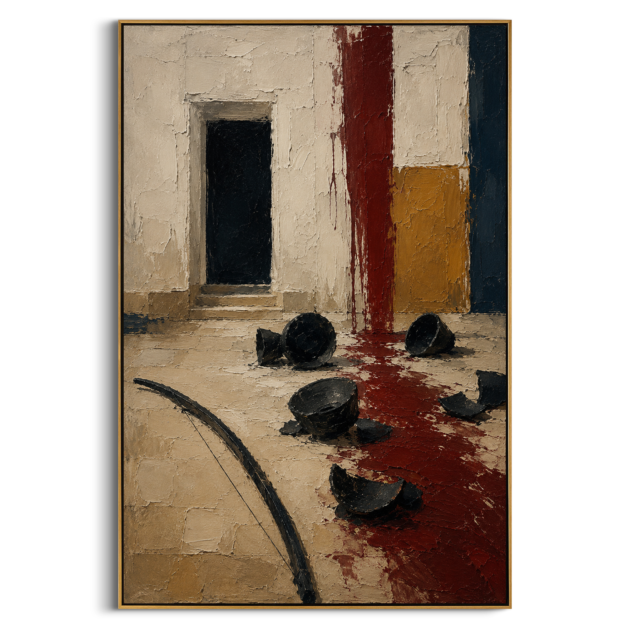 The broken bow lies at the edge of a red-stained hall, after the test has already decided every fate. The empty doorway makes the scene feel like justice has passed through and left silence behind.