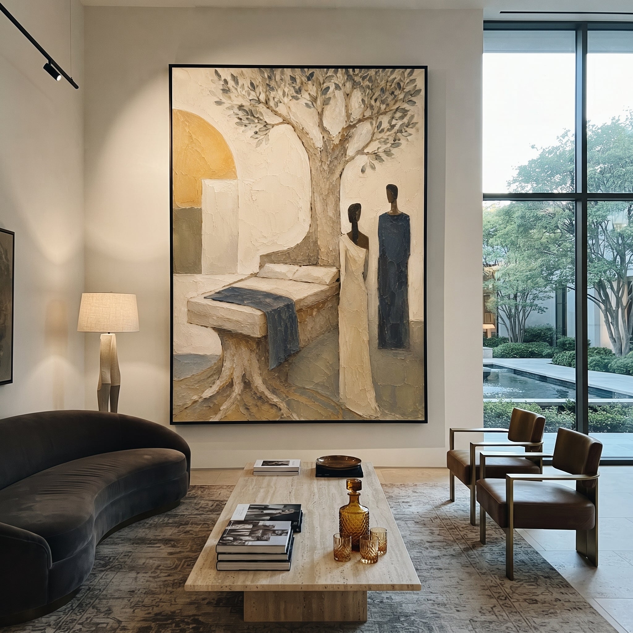 The bed grows from the olive tree, holding the room together like an old vow. Two figures stand beside it as if reunion depends on remembering what cannot be moved.
