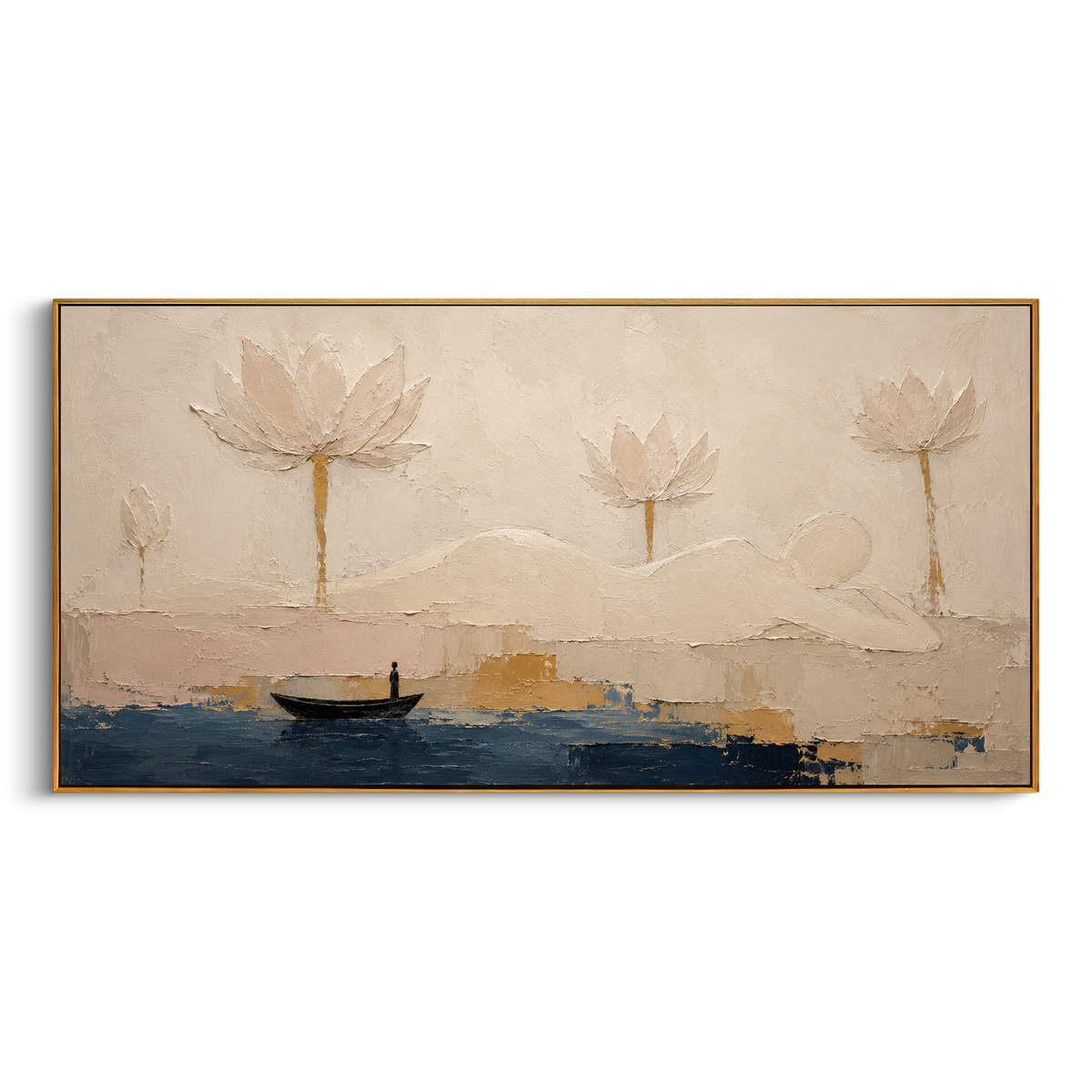"Lotus Shore Of Forgetting" - Modern Heavy Impasto Coastal Landscape | Pink & Beige Palette Knife Painting | Luxury Horizontal Wall Art #PT 1338