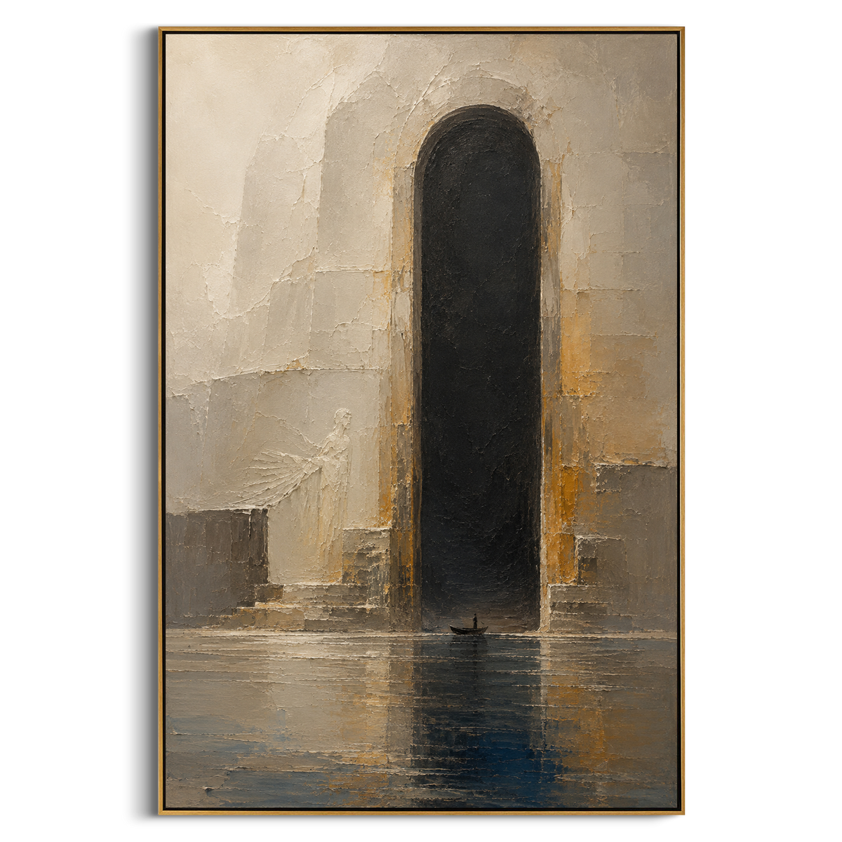 "Black Gate And The Quiet Ferryman" - Modern Heavy Impasto Abstract Artwork | Grey & Black Palette Knife Painting | Luxury Vertical Wall Art #PT 1340