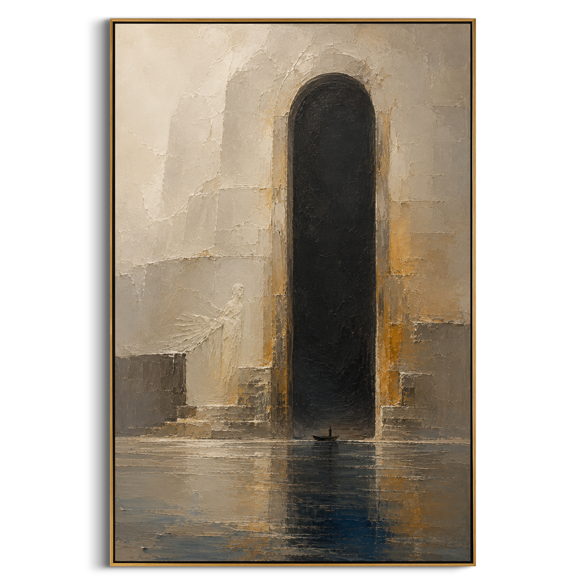 The ferryman rests before the tall black gate, dwarfed by the reflection and the pale stone around him. The crossing feels suspended at the threshold between breath and shadow.