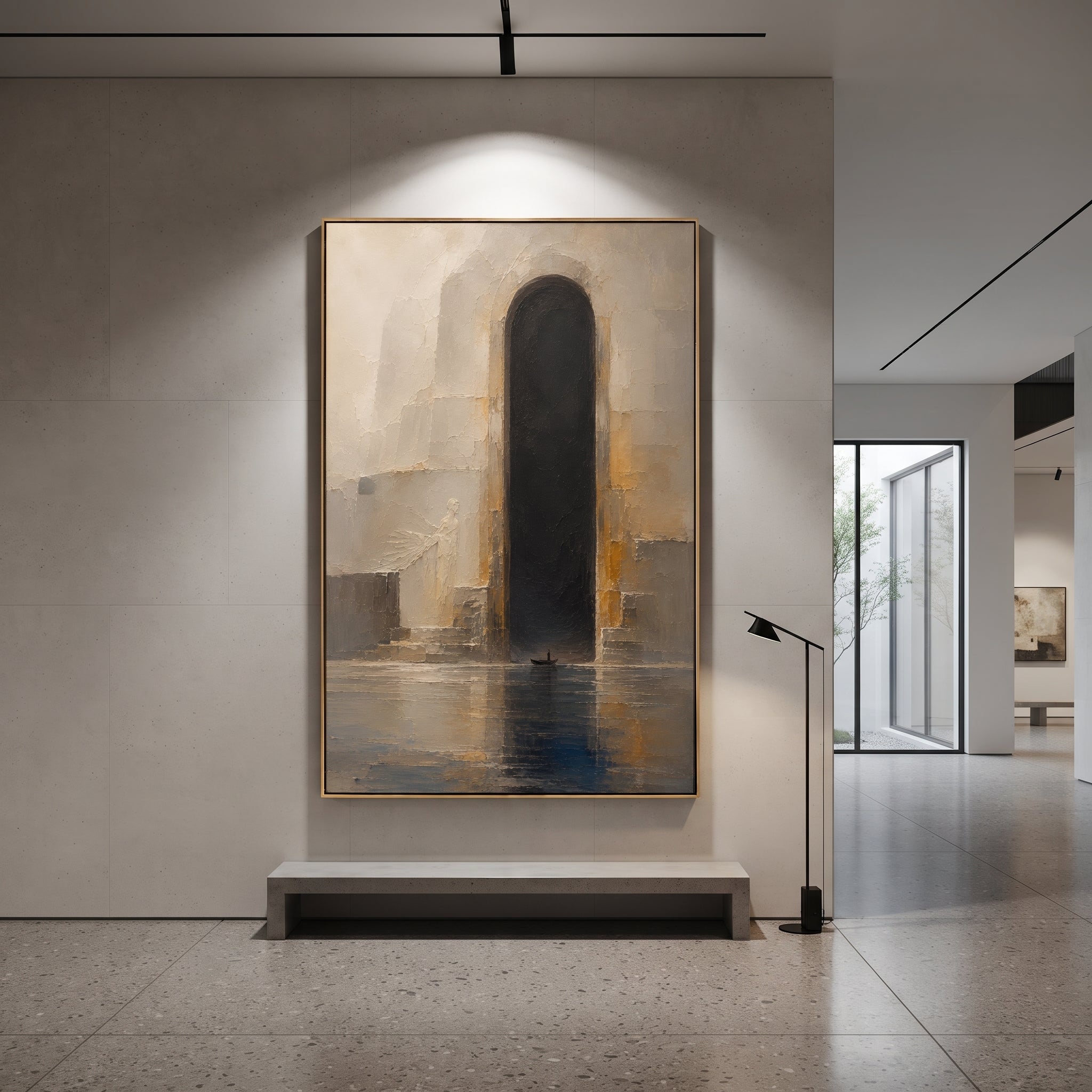 The ferryman rests before the tall black gate, dwarfed by the reflection and the pale stone around him. The crossing feels suspended at the threshold between breath and shadow.