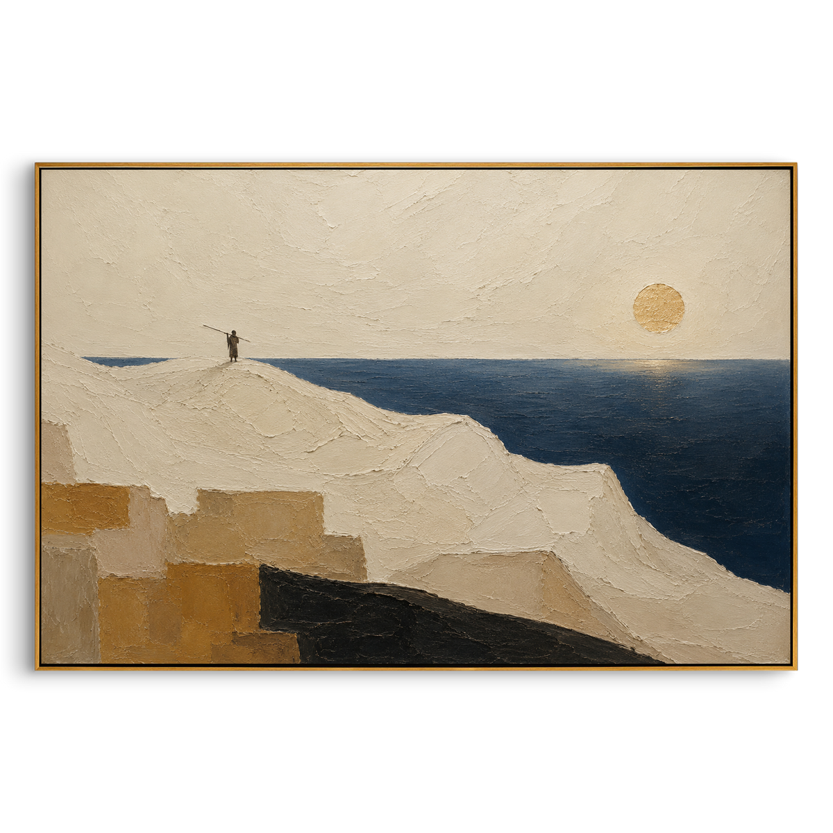 "Spear Bearer On The Pale Shore" - Modern Heavy Impasto Coastal Landscape | Beige & Grey Palette Knife Painting | Luxury Horizontal Wall Art #PT 1341