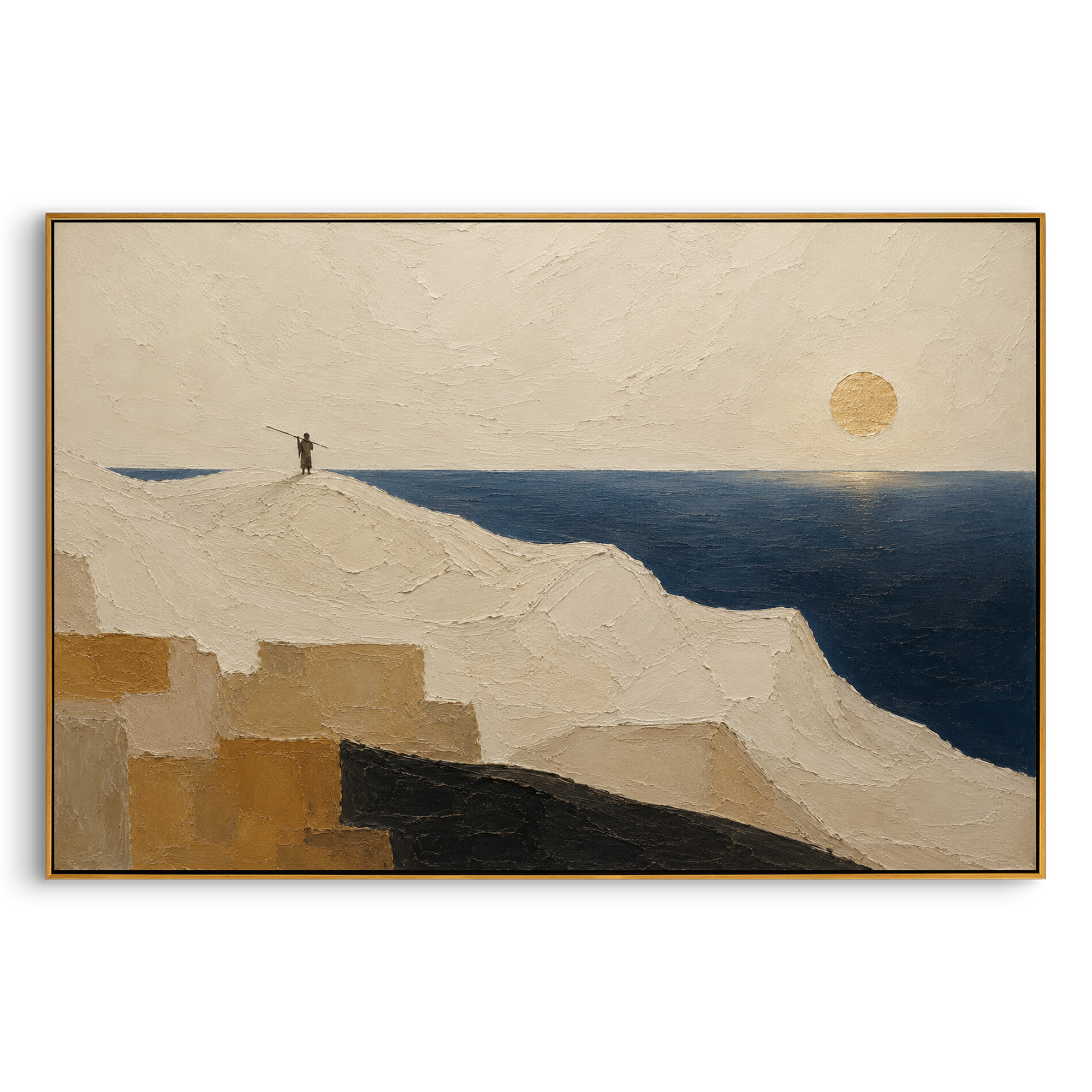 A lone bearer crosses the pale shore with the long staff balanced across his shoulders. The empty space turns the march into a private reckoning before the sea.
