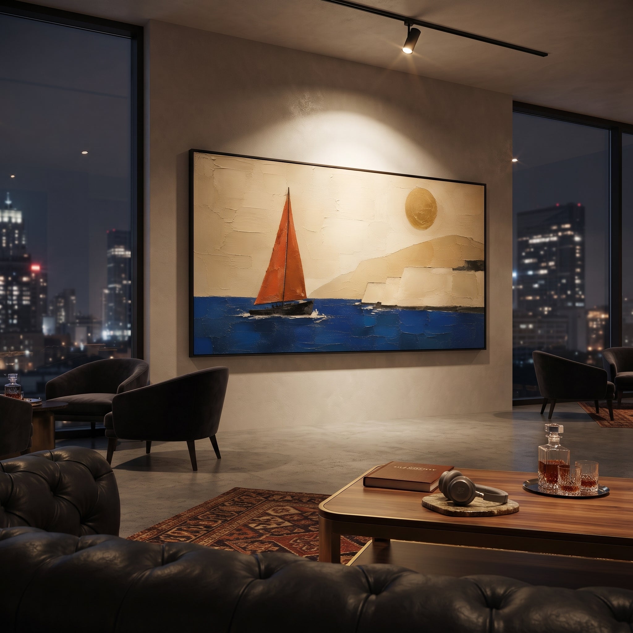 The white owl bends over the island like a sign in the night sky. Below, the small sailboat keeps moving, watched by Athena from wing, eye, and moonlit wall.