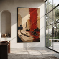 The bow rests across the stone floor while broken vessels scatter around the red wall. It feels like the hall after Odysseus has reclaimed his name, with victory shown through objects left behind.