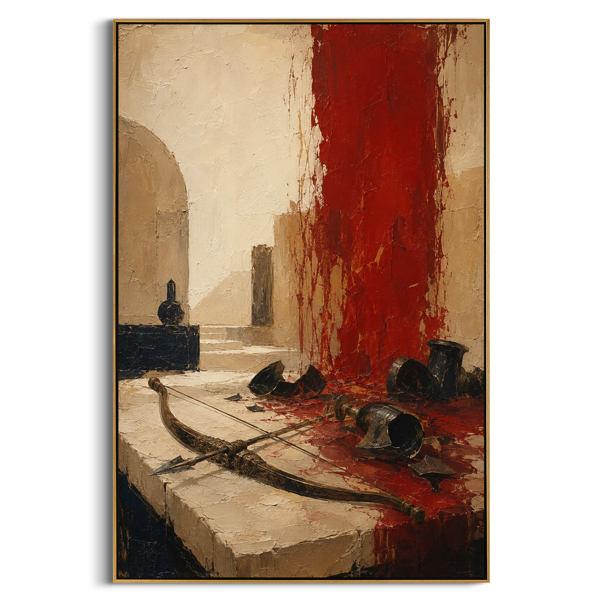 "Odysseus Bow In The Red Hall" - Modern Heavy Impasto Abstract Artwork | Beige & Red Palette Knife Painting | Luxury Vertical Wall Art #PT 1345