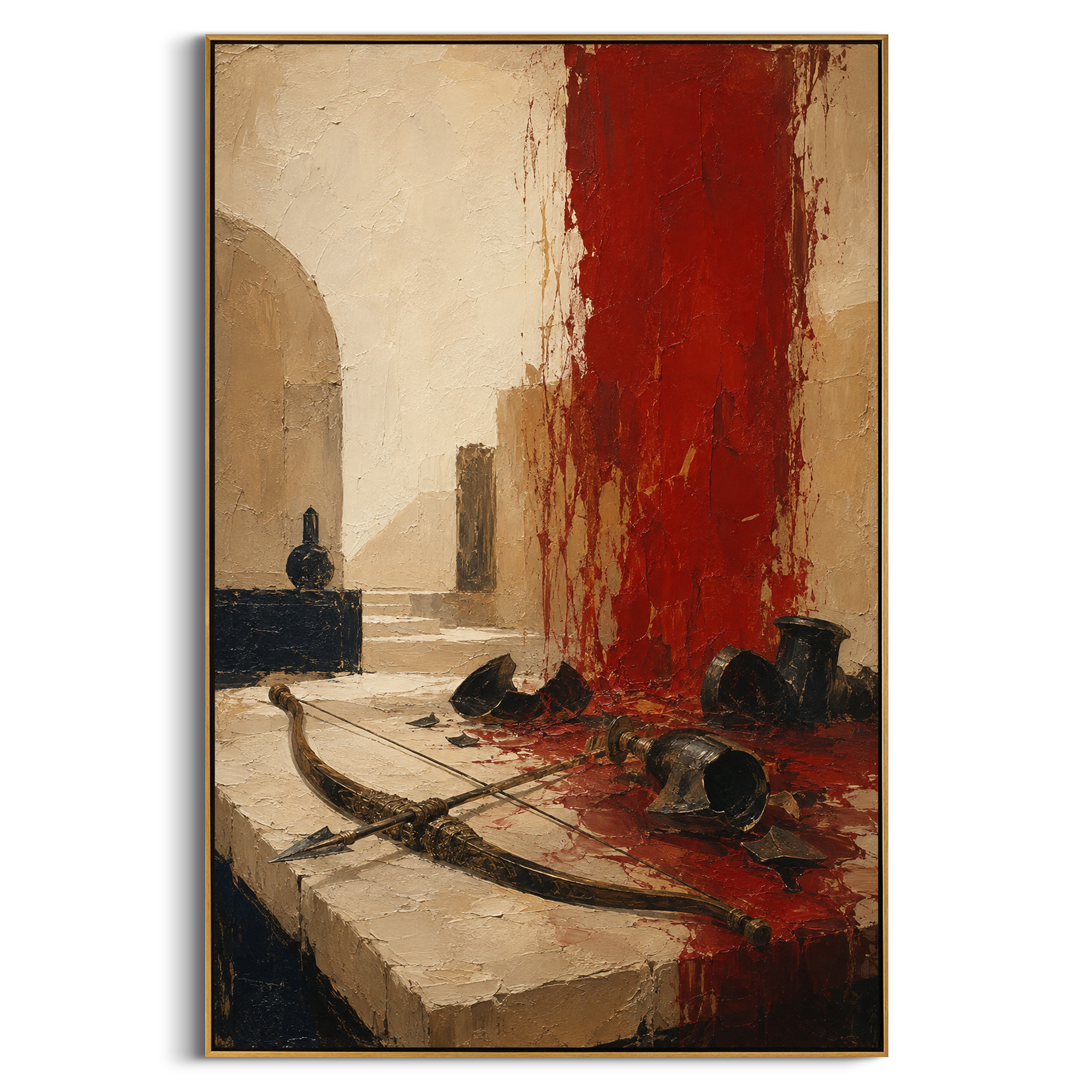 The bow rests across the stone floor while broken vessels scatter around the red wall. It feels like the hall after Odysseus has reclaimed his name, with victory shown through objects left behind.