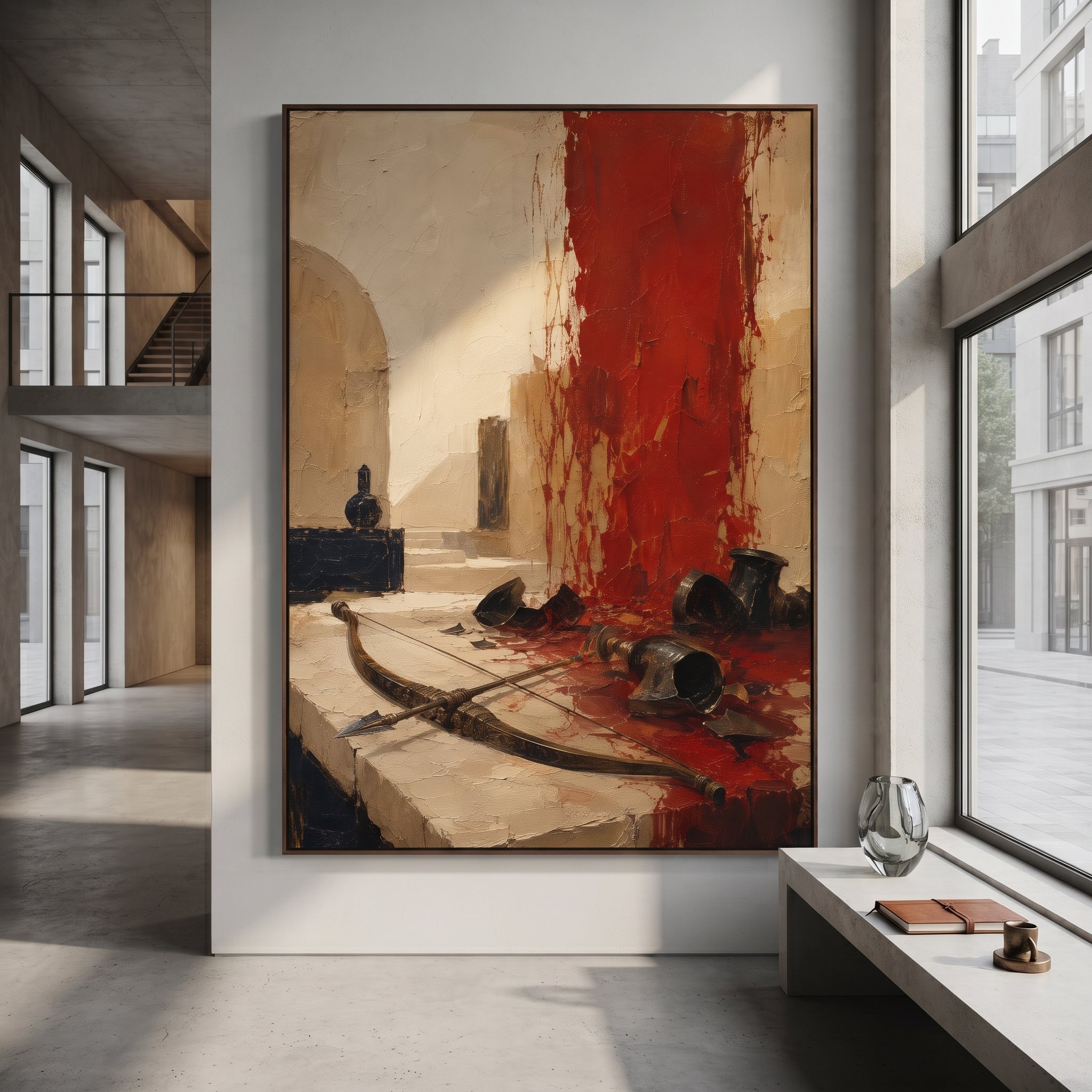 The bow rests across the stone floor while broken vessels scatter around the red wall. It feels like the hall after Odysseus has reclaimed his name, with victory shown through objects left behind.