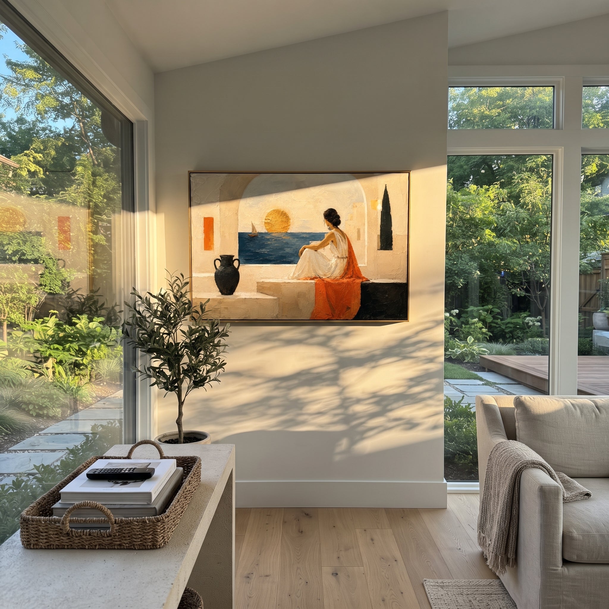 She sits within the white architecture, watching a sail move across the gold-lit sea. The orange drapery pulls the sunset into the room, making longing feel warm and exact.
