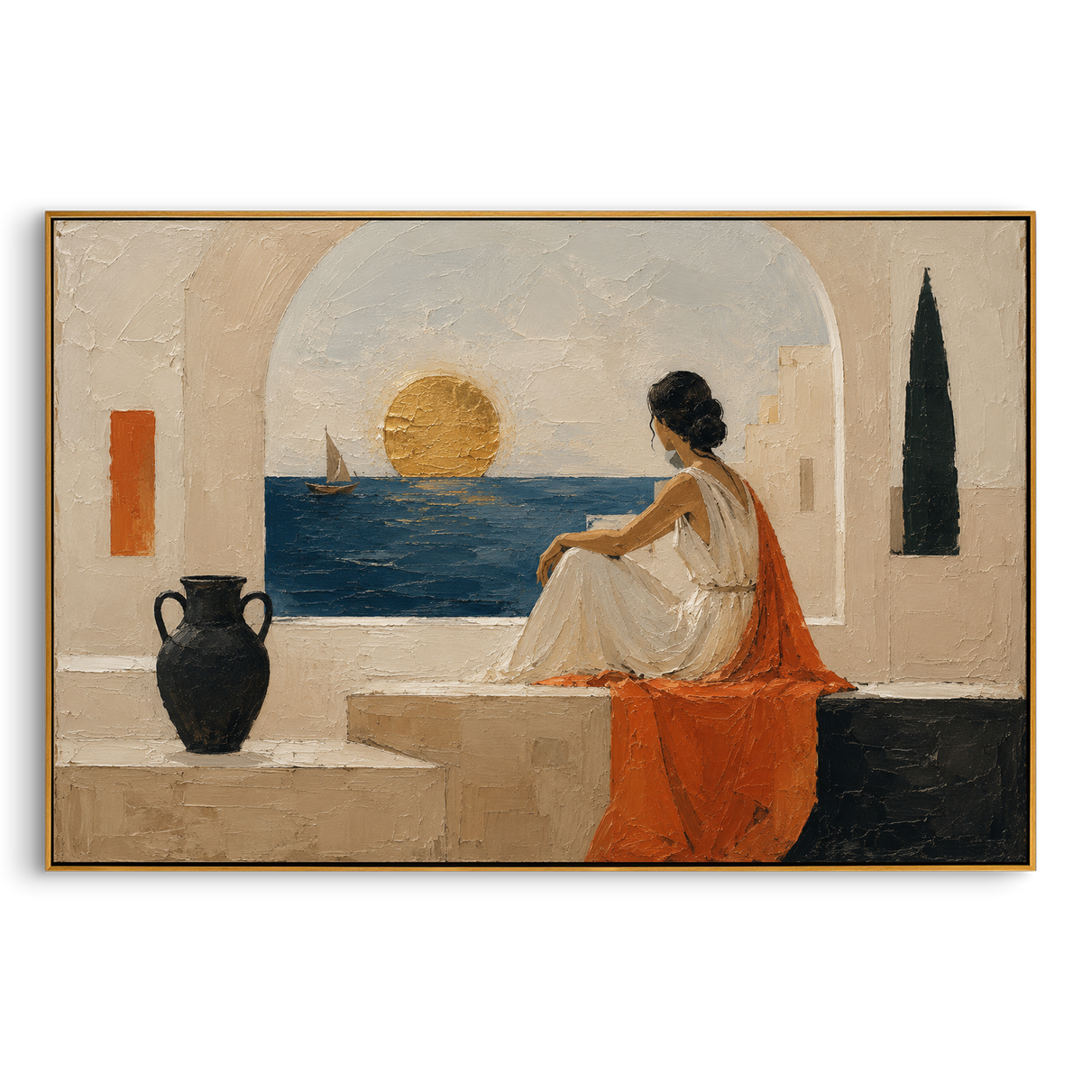"Penelope Watching The Golden Sea" - Modern Heavy Impasto Coastal Landscape | Beige & Orange Palette Knife Painting | Luxury Horizontal Wall Art #PT 1346
