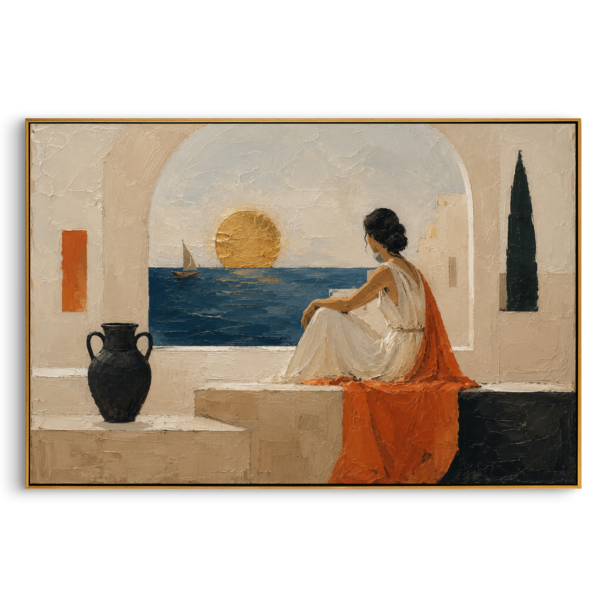 She sits within the white architecture, watching a sail move across the gold-lit sea. The orange drapery pulls the sunset into the room, making longing feel warm and exact.