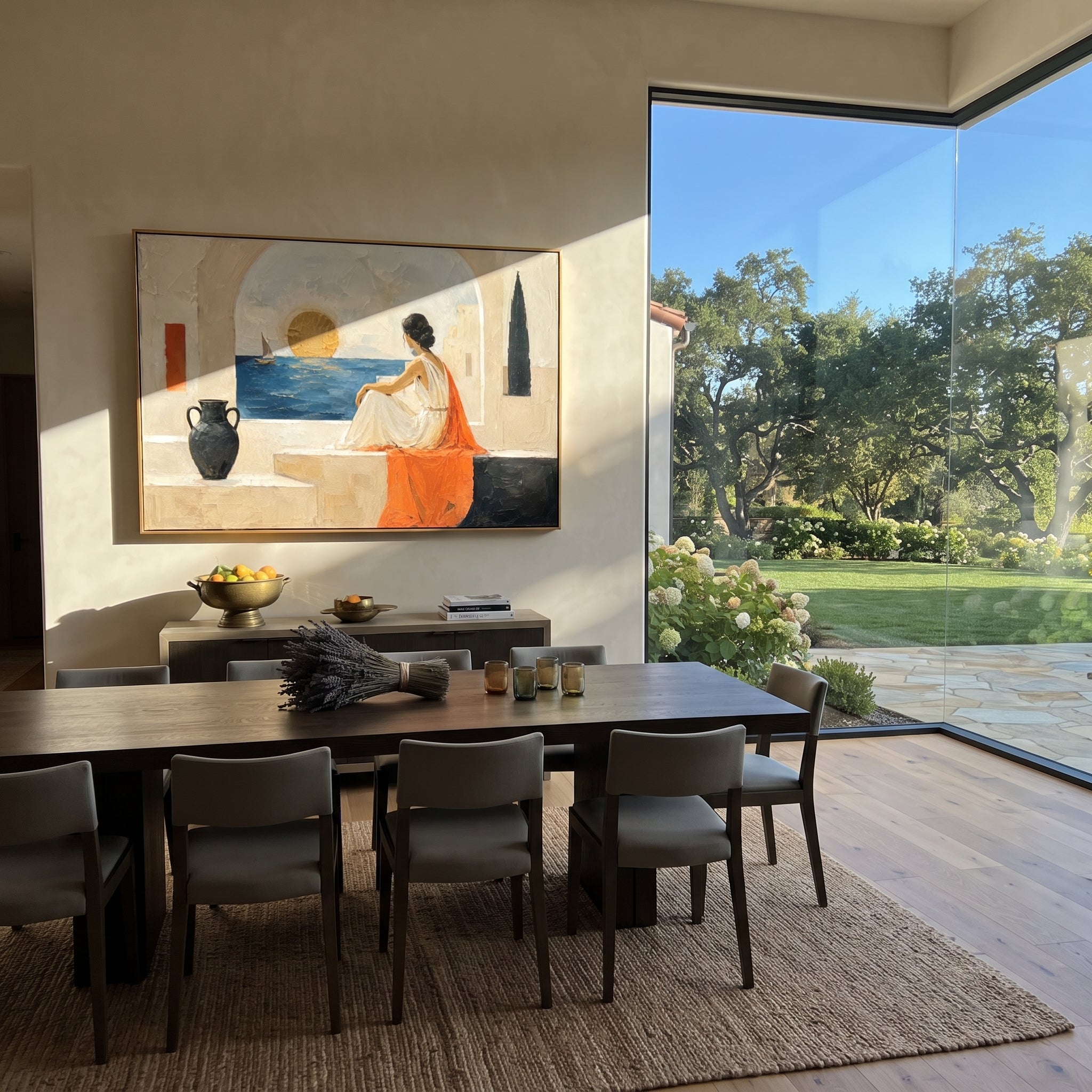 She sits within the white architecture, watching a sail move across the gold-lit sea. The orange drapery pulls the sunset into the room, making longing feel warm and exact.