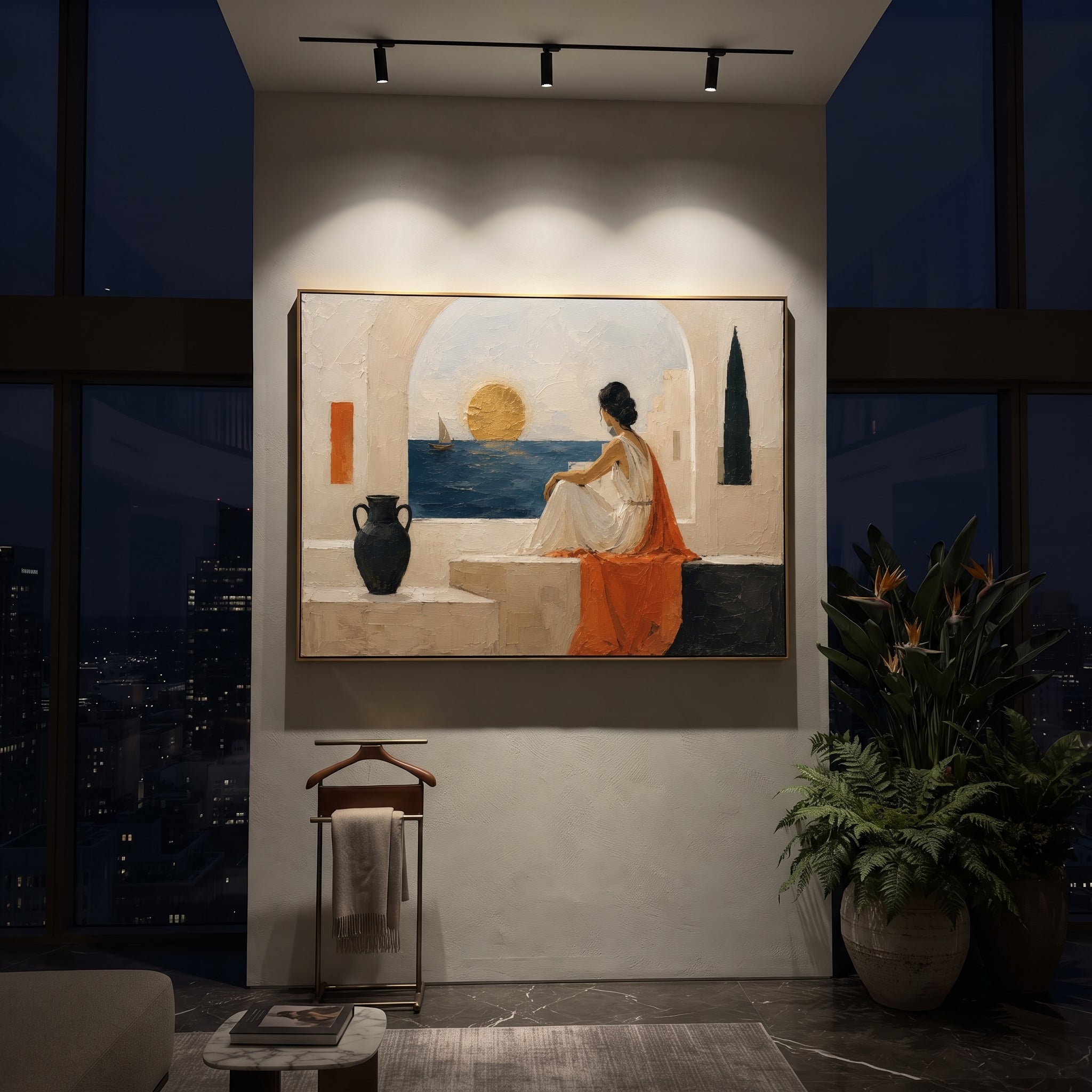She sits within the white architecture, watching a sail move across the gold-lit sea. The orange drapery pulls the sunset into the room, making longing feel warm and exact.