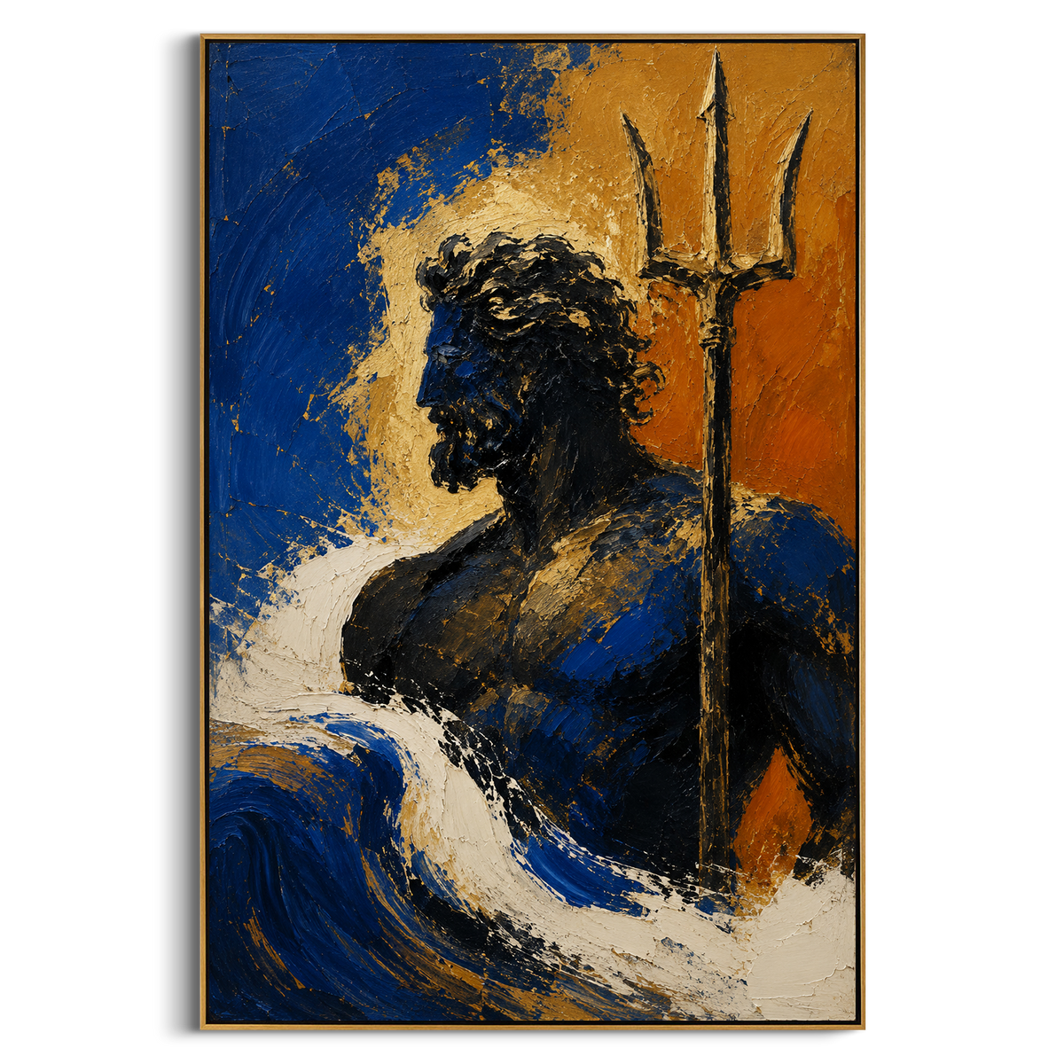 "Poseidon Rising Through Blue Foam" - Modern Heavy Impasto Coastal Landscape | Blue & Golden Palette Knife Painting | Luxury Vertical Wall Art #PT 1347