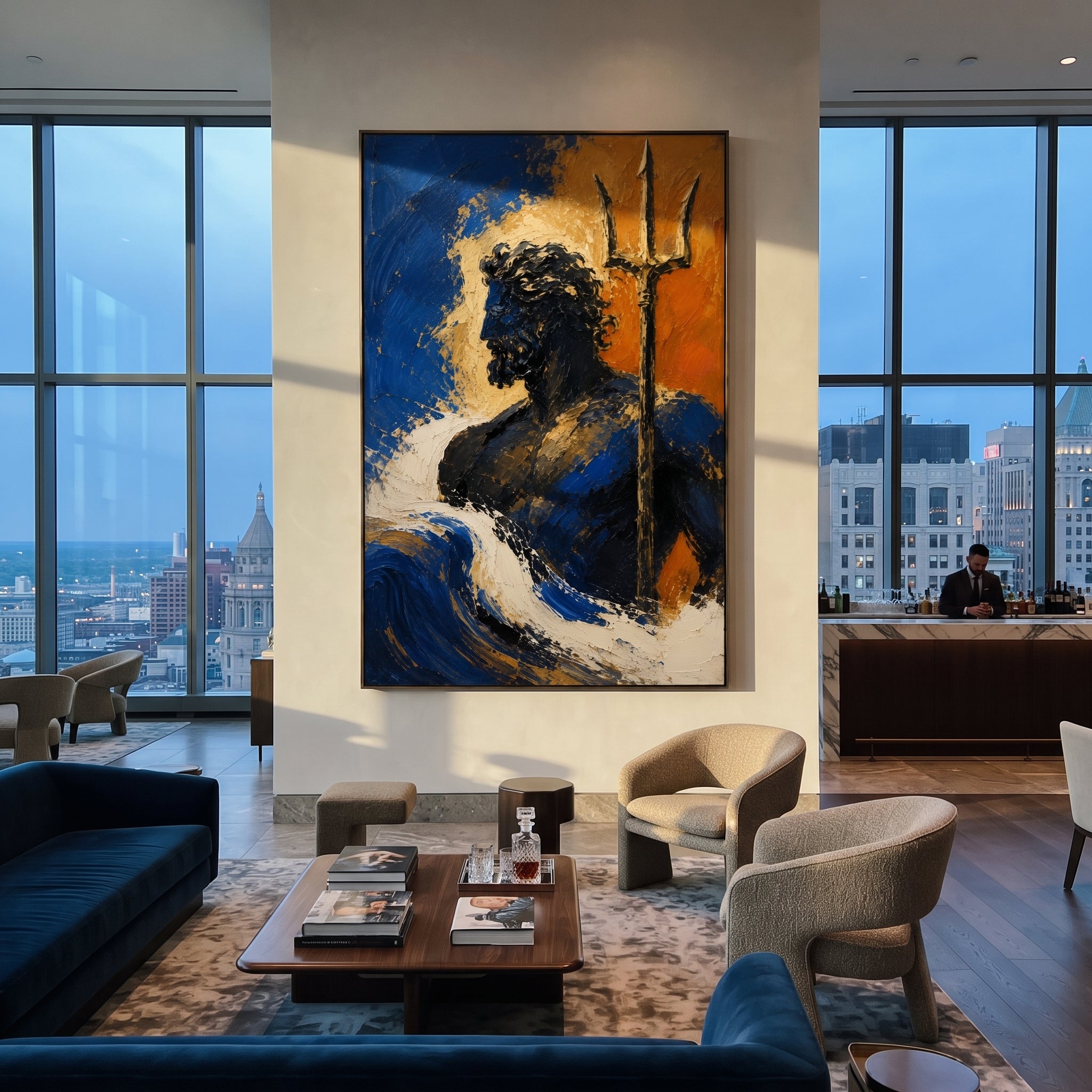 Poseidon rises from the blue foam with the trident held close, half shadow and half gold. The sea curls around him as if every wave has learned his shape.