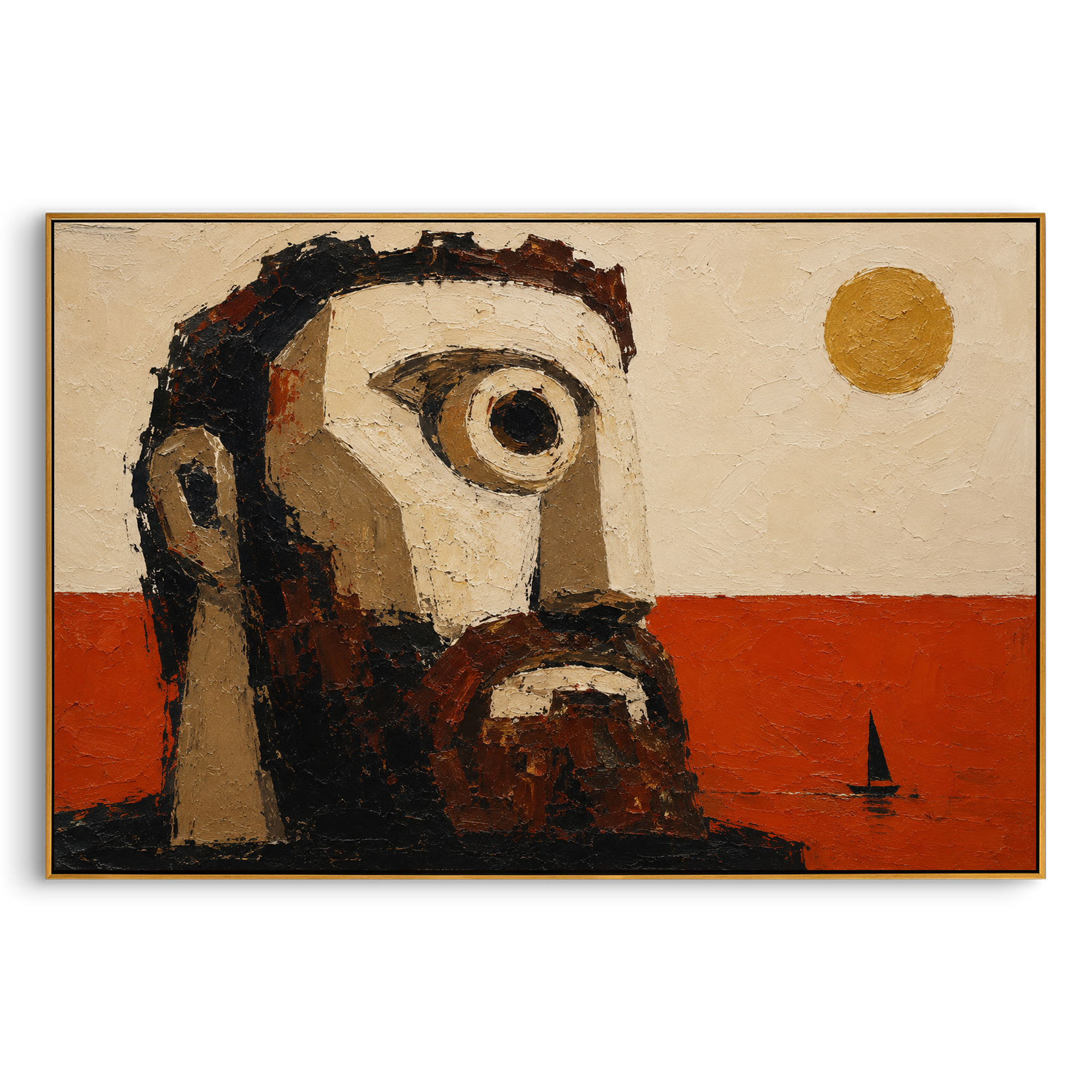 The Cyclops fills the shore while the black sail slips across the red water below. The calm sun makes the danger stranger, as if the watcher has all the time in the world.