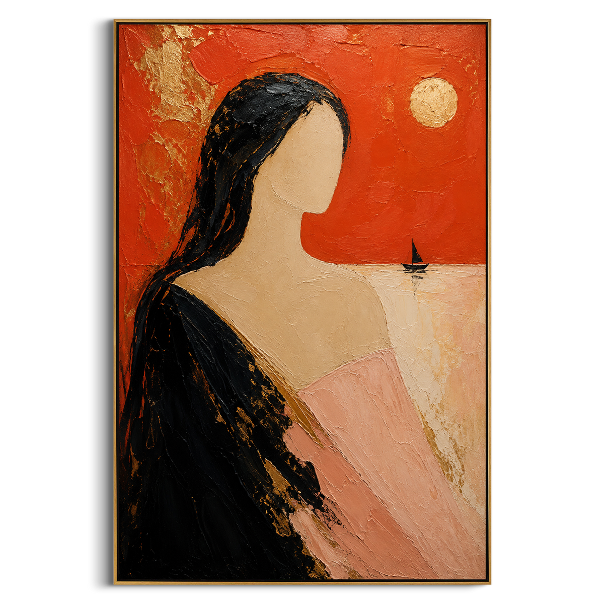 "Silent Woman Before The Red Sea" - Modern Heavy Impasto Coastal Landscape | Red & Black Palette Knife Painting | Luxury Vertical Wall Art #PT 1349