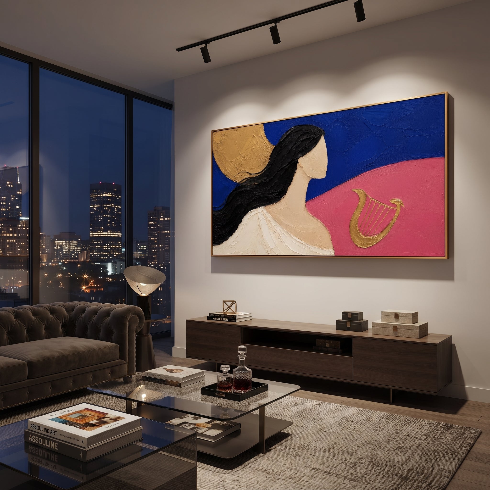 The muse faces the gold lyre as if hearing a song before it is played. Blue night, pink ground, and the round gold light turn the scene into the memory of music guiding a voyage.