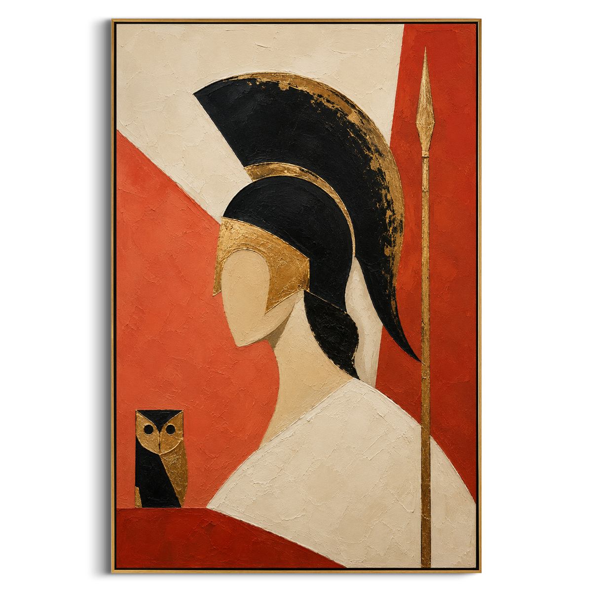 "Athena Spear And The Golden Owl" - Modern Heavy Impasto Western Animal Artwork | Red & Golden Palette Knife Painting | Luxury Vertical Wall Art #PT 1351