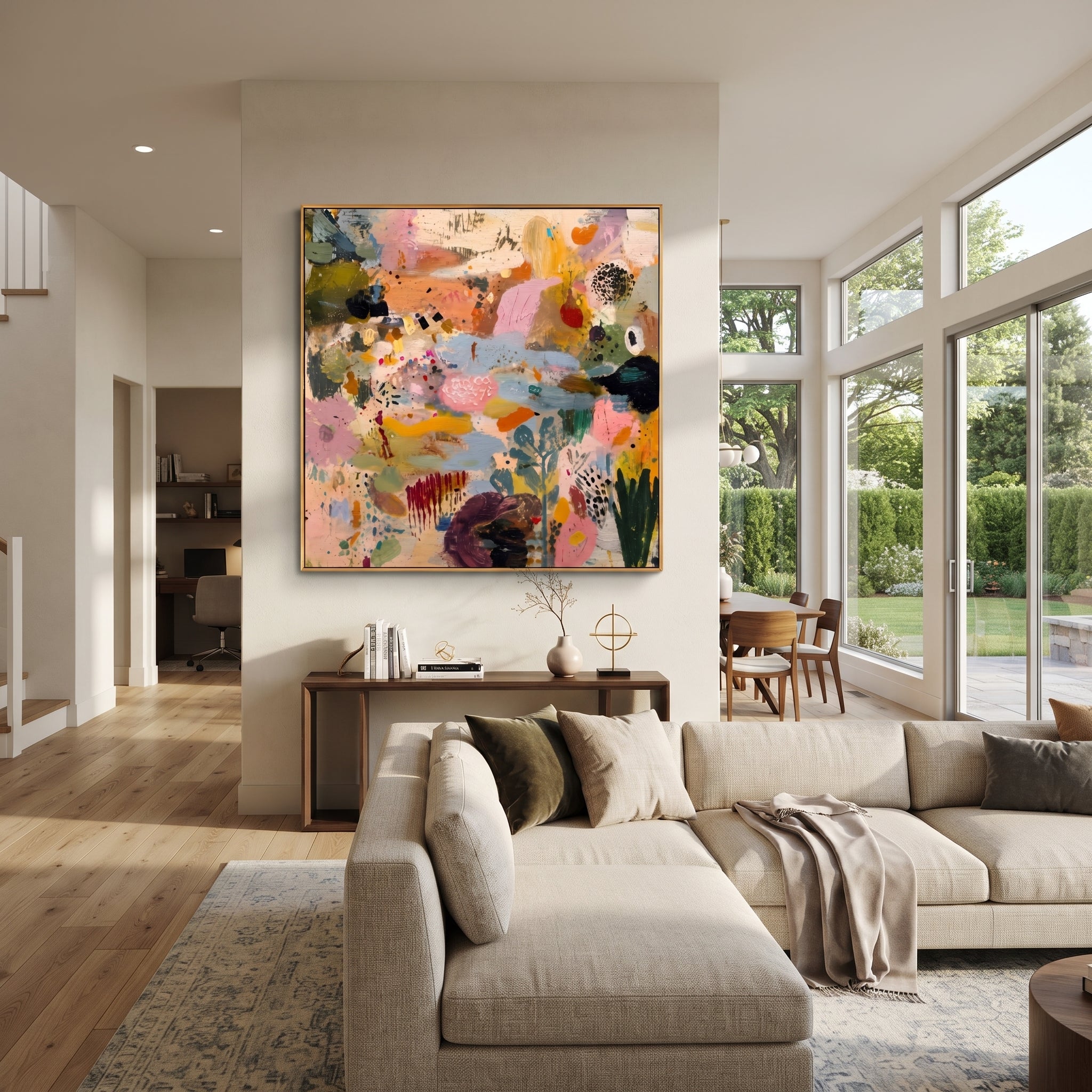 "Bohemian Garden Rhythm Painting" focuses on atmosphere, surface movement, and sculptural heavy impasto craftsmanship rather than a fixed literal storyline. The composition uses this hand-painted square canvas presents a lively bohemian abstract garden with blush pink fields, soft blue passages, ochre marks, deep green brushwork, black dotted accents, and raised palette-knife texture as the visual anchor, while layered palette-knife paint, raised plaster-like texture, and softened brush movement