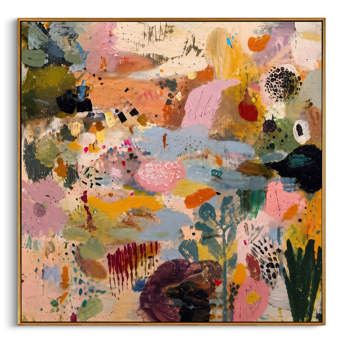 "Bohemian Garden Rhythm Painting" - Modern Heavy Impasto Floral Abstract | Pink & Blue Palette Knife Painting | Luxury Square Wall Art #PT 1352