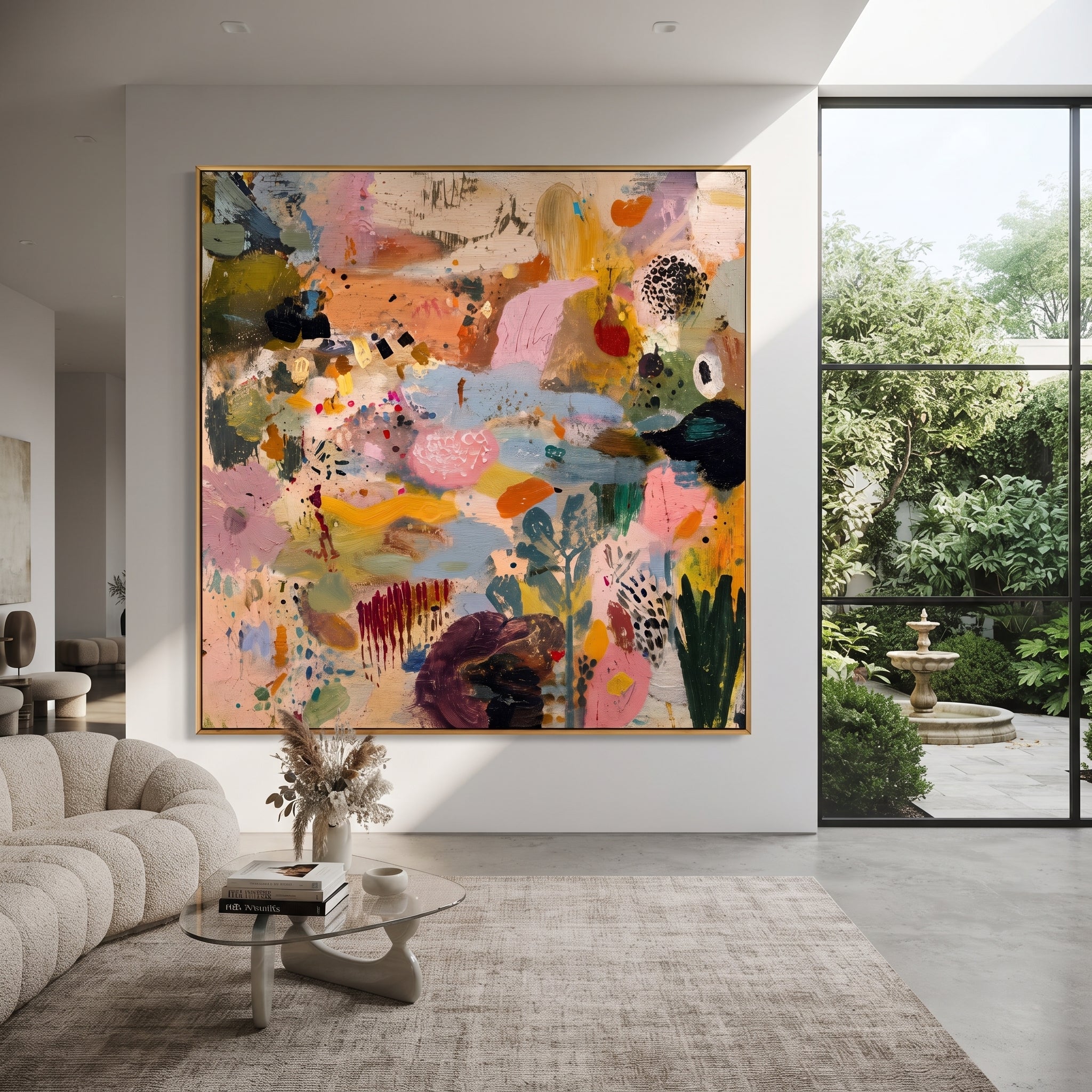 "Bohemian Garden Rhythm Painting" focuses on atmosphere, surface movement, and sculptural heavy impasto craftsmanship rather than a fixed literal storyline. The composition uses this hand-painted square canvas presents a lively bohemian abstract garden with blush pink fields, soft blue passages, ochre marks, deep green brushwork, black dotted accents, and raised palette-knife texture as the visual anchor, while layered palette-knife paint, raised plaster-like texture, and softened brush movement