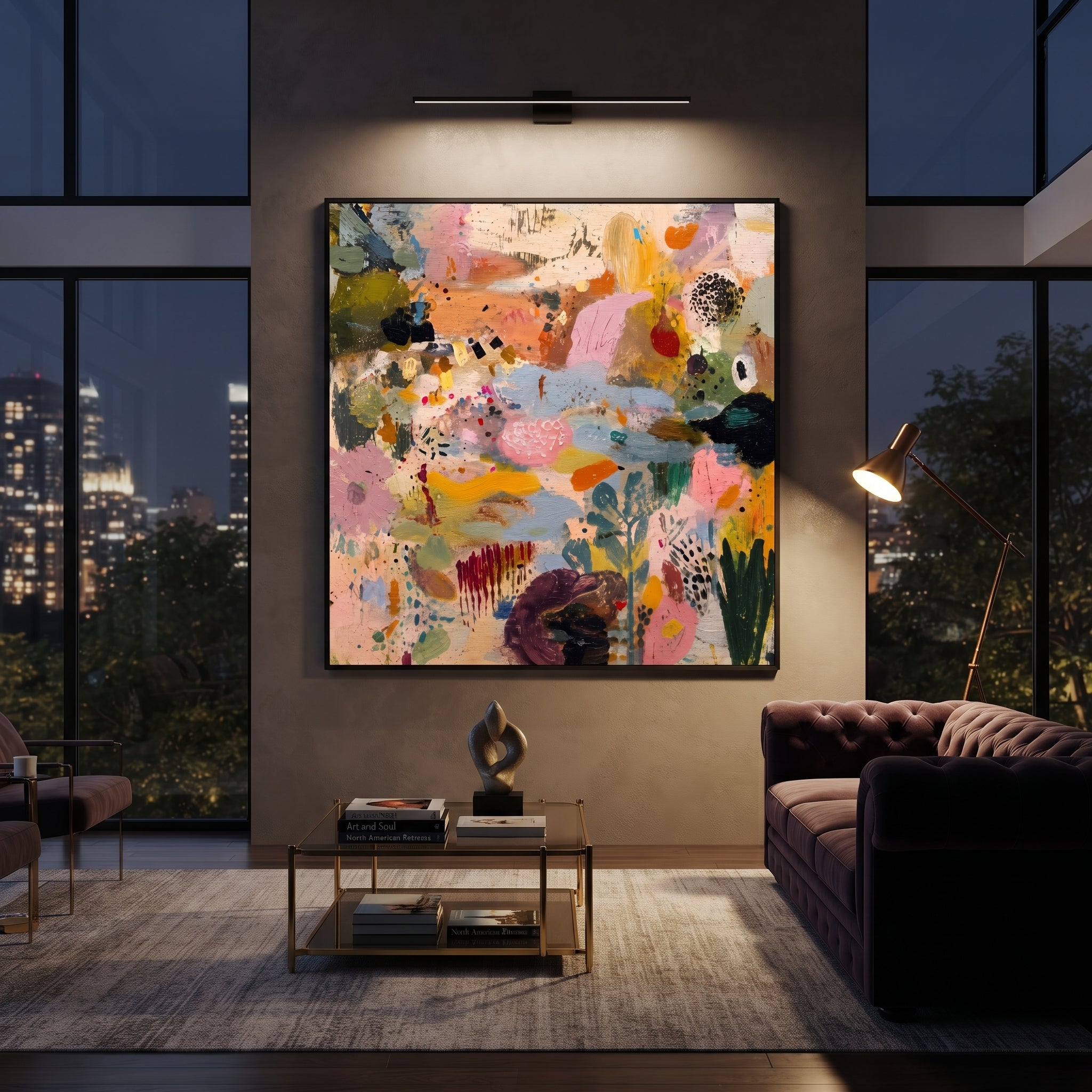 "Bohemian Garden Rhythm Painting" focuses on atmosphere, surface movement, and sculptural heavy impasto craftsmanship rather than a fixed literal storyline. The composition uses this hand-painted square canvas presents a lively bohemian abstract garden with blush pink fields, soft blue passages, ochre marks, deep green brushwork, black dotted accents, and raised palette-knife texture as the visual anchor, while layered palette-knife paint, raised plaster-like texture, and softened brush movement