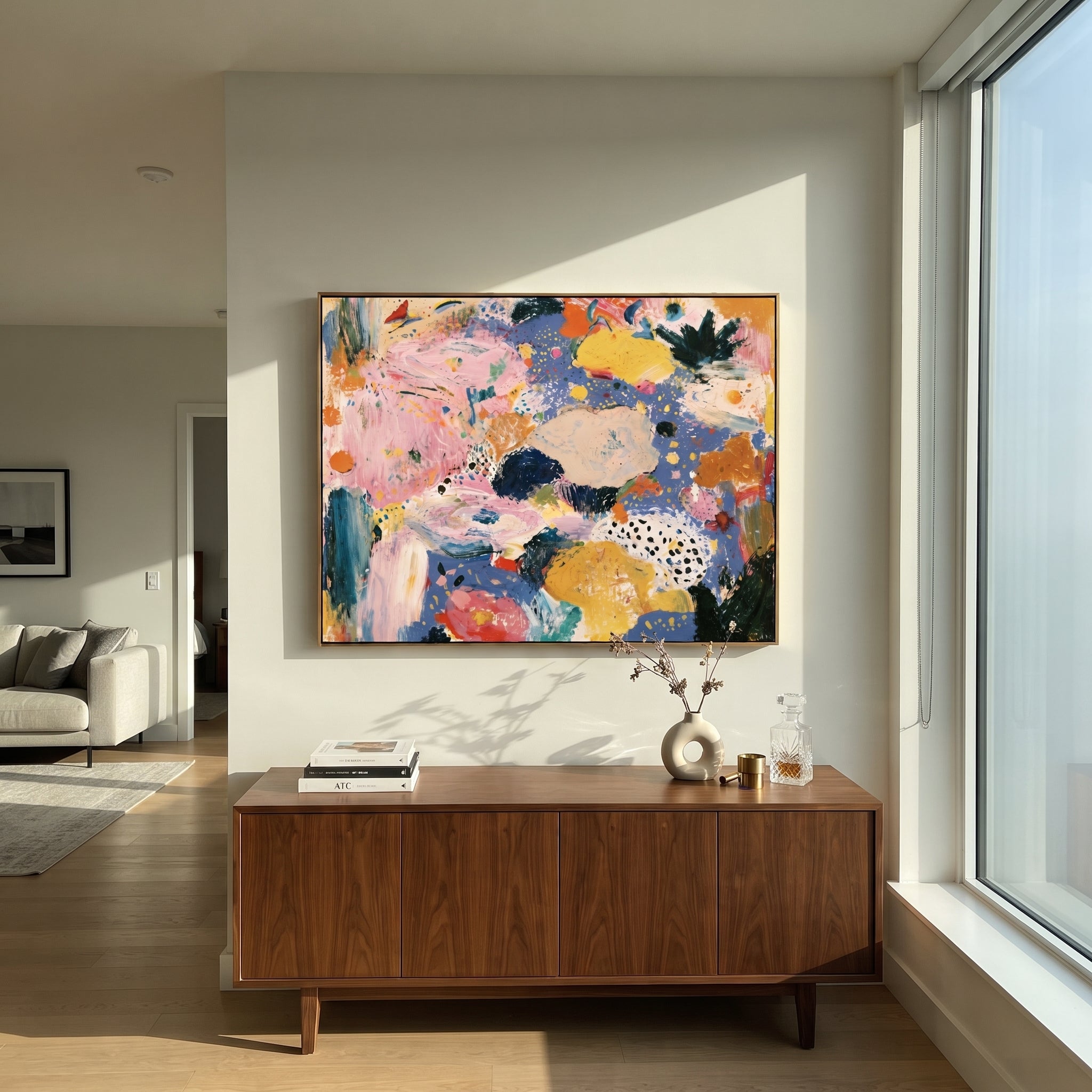 "Blue Pink Bohemian Abstract Painting" focuses on atmosphere, surface movement, and sculptural heavy impasto craftsmanship rather than a fixed literal storyline. The composition uses this hand-painted horizontal canvas presents a colorful bohemian abstract composition with broad pink movement, cornflower blue ground, golden yellow shapes, ivory patches, dark green strokes, and scattered dot details as the visual anchor, while layered palette-knife paint, raised plaster-like texture, and softened