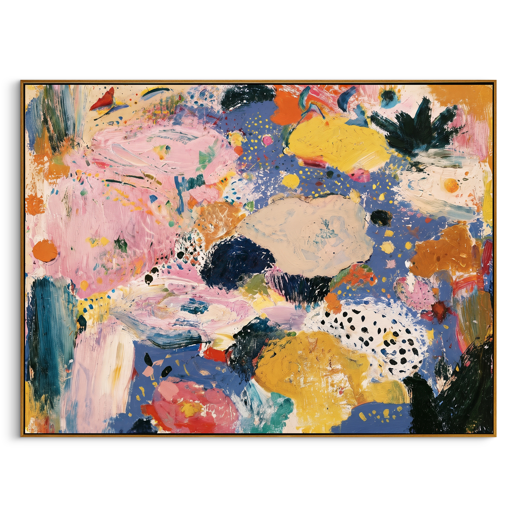 "Blue Pink Bohemian Abstract Painting" focuses on atmosphere, surface movement, and sculptural heavy impasto craftsmanship rather than a fixed literal storyline. The composition uses this hand-painted horizontal canvas presents a colorful bohemian abstract composition with broad pink movement, cornflower blue ground, golden yellow shapes, ivory patches, dark green strokes, and scattered dot details as the visual anchor, while layered palette-knife paint, raised plaster-like texture, and softened