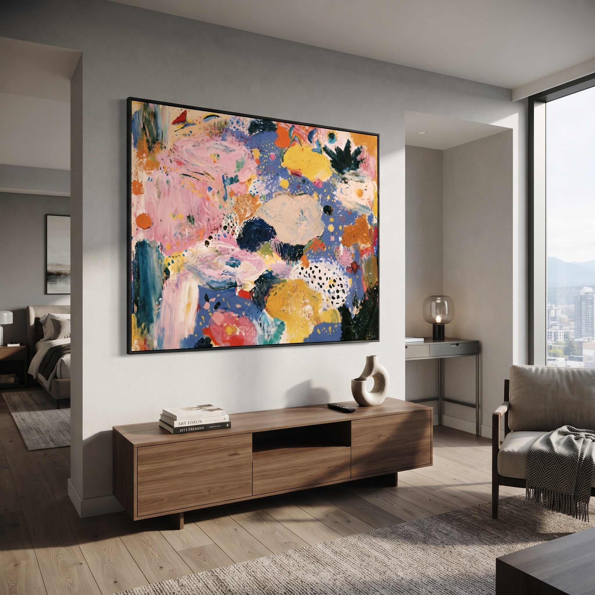 "Blue Pink Bohemian Abstract Painting" focuses on atmosphere, surface movement, and sculptural heavy impasto craftsmanship rather than a fixed literal storyline. The composition uses this hand-painted horizontal canvas presents a colorful bohemian abstract composition with broad pink movement, cornflower blue ground, golden yellow shapes, ivory patches, dark green strokes, and scattered dot details as the visual anchor, while layered palette-knife paint, raised plaster-like texture, and softened