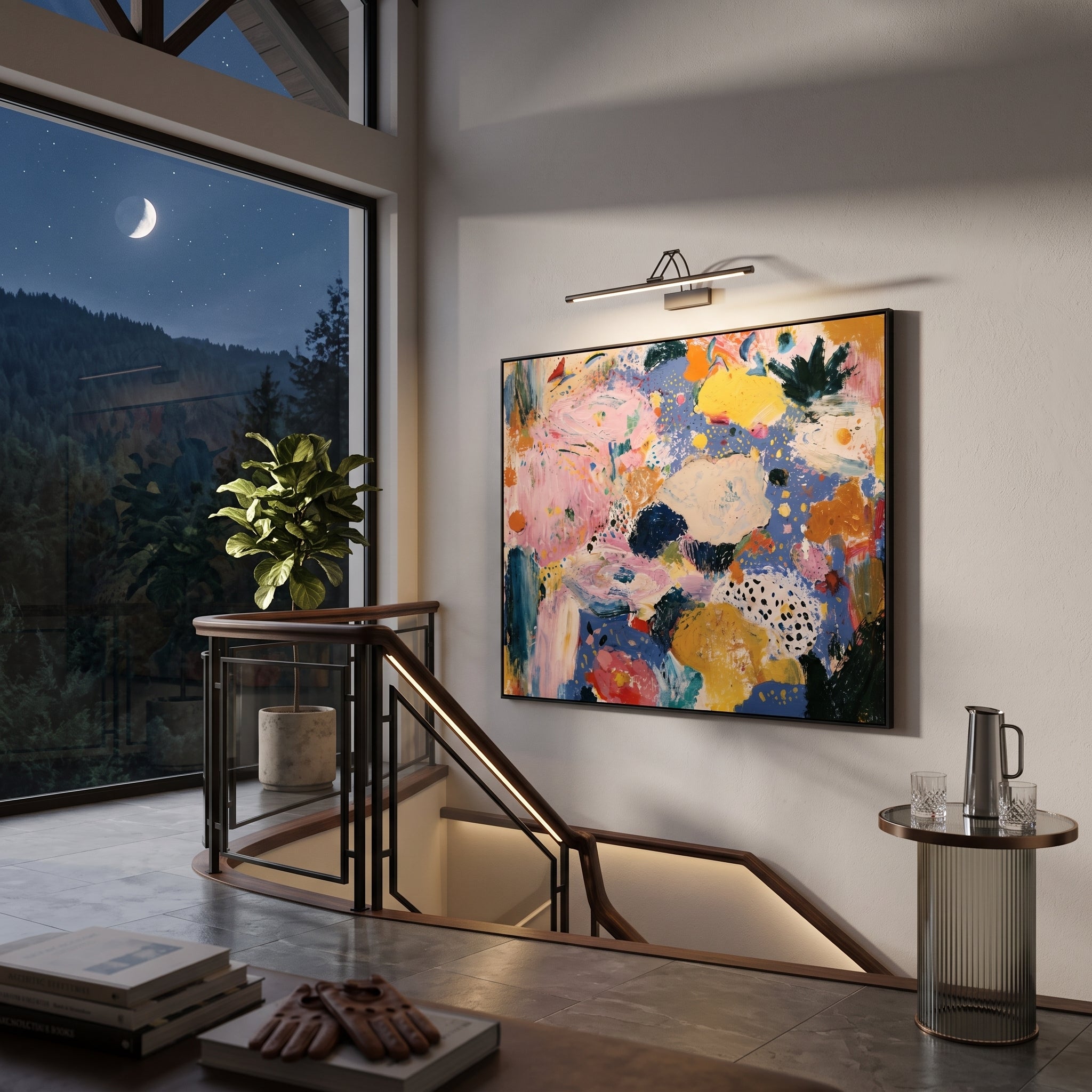 "Blue Pink Bohemian Abstract Painting" focuses on atmosphere, surface movement, and sculptural heavy impasto craftsmanship rather than a fixed literal storyline. The composition uses this hand-painted horizontal canvas presents a colorful bohemian abstract composition with broad pink movement, cornflower blue ground, golden yellow shapes, ivory patches, dark green strokes, and scattered dot details as the visual anchor, while layered palette-knife paint, raised plaster-like texture, and softened