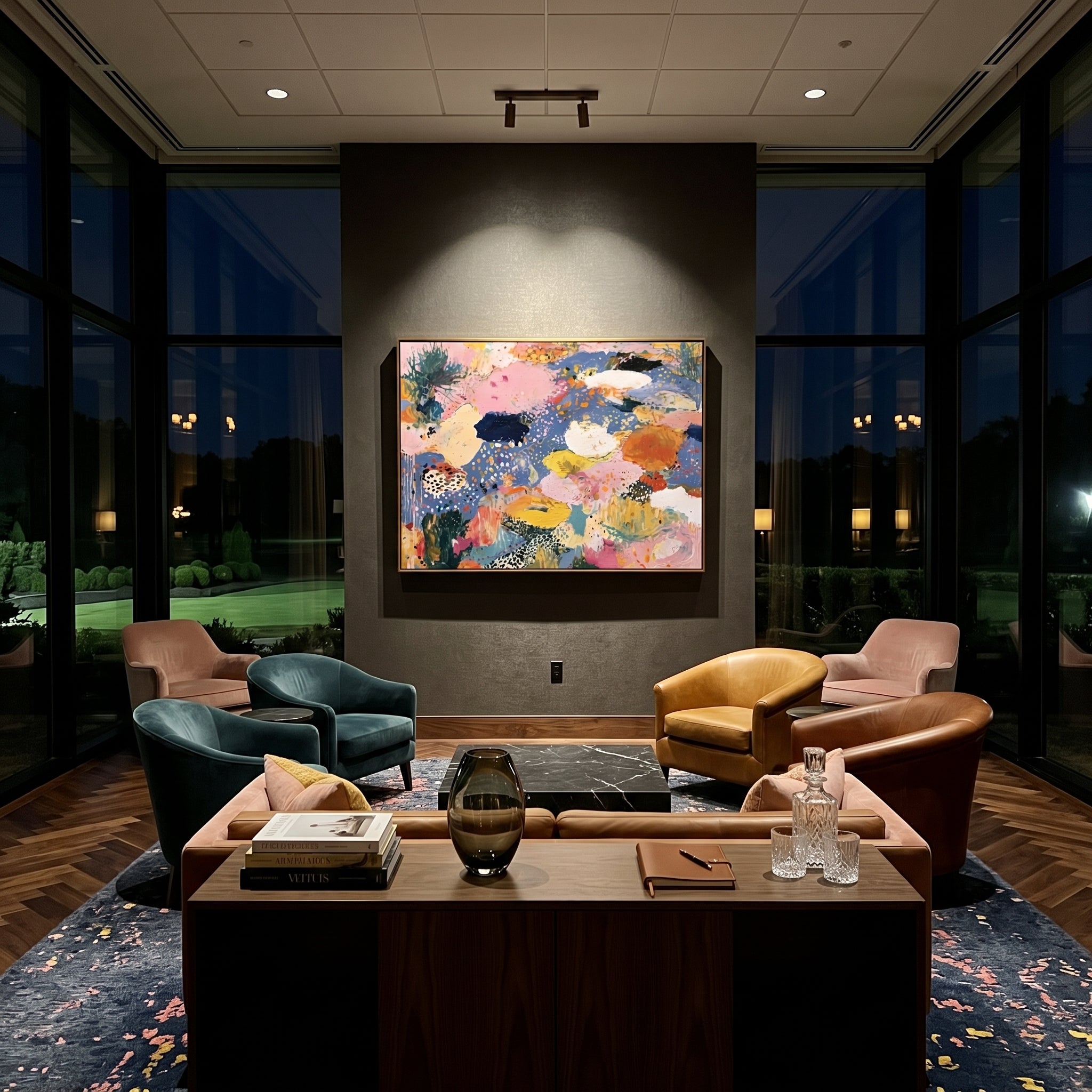 "Bohemian Blue Meadow Abstract Painting" focuses on atmosphere, surface movement, and sculptural heavy impasto craftsmanship rather than a fixed literal storyline. The composition uses this hand-painted horizontal canvas presents a bright bohemian abstract meadow mood with soft blue negative space, blush pink fields, cream and white floral-like forms, yellow accents, orange marks, and dotted handmade texture as the visual anchor, while layered palette-knife paint, raised plaster-like texture