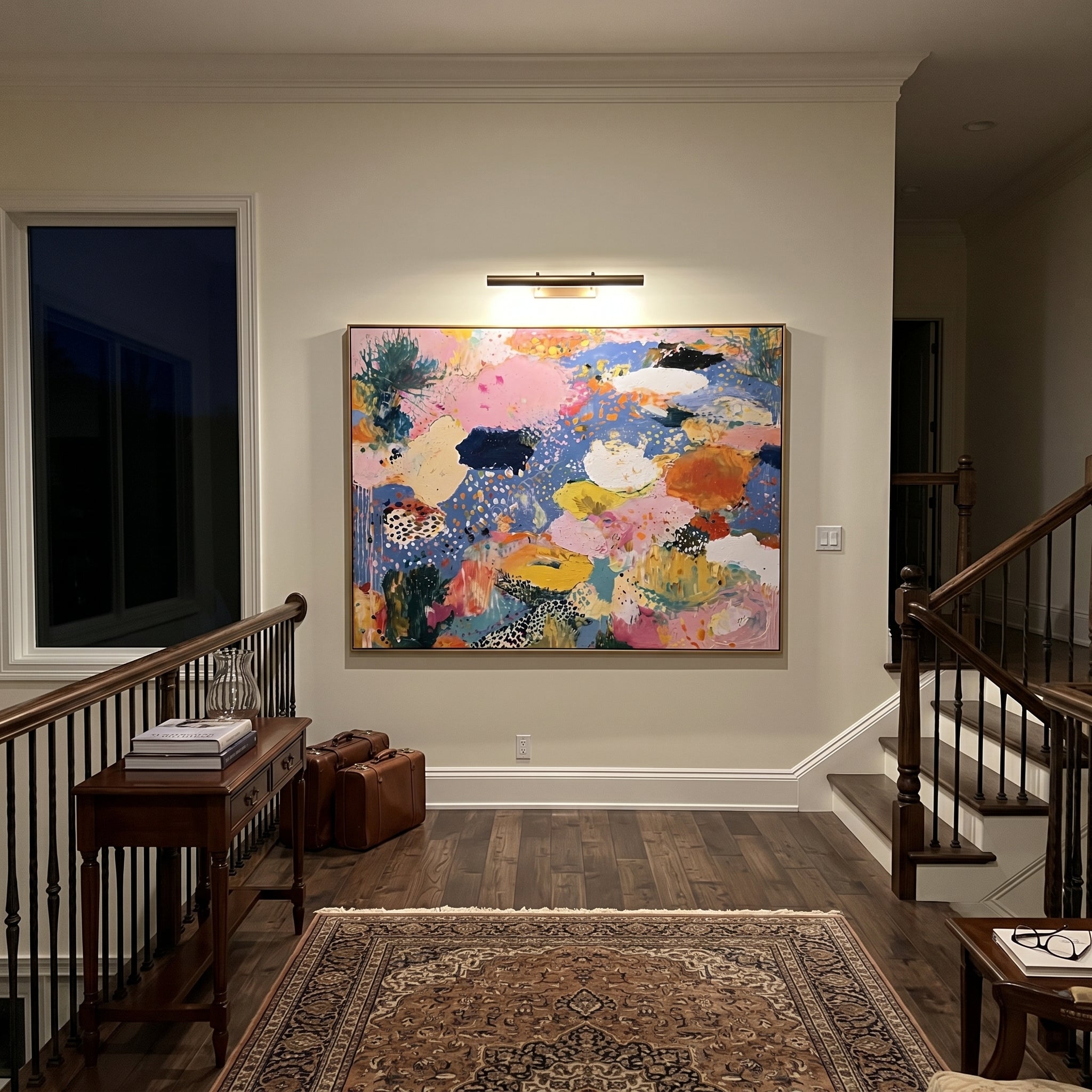 "Bohemian Blue Meadow Abstract Painting" focuses on atmosphere, surface movement, and sculptural heavy impasto craftsmanship rather than a fixed literal storyline. The composition uses this hand-painted horizontal canvas presents a bright bohemian abstract meadow mood with soft blue negative space, blush pink fields, cream and white floral-like forms, yellow accents, orange marks, and dotted handmade texture as the visual anchor, while layered palette-knife paint, raised plaster-like texture