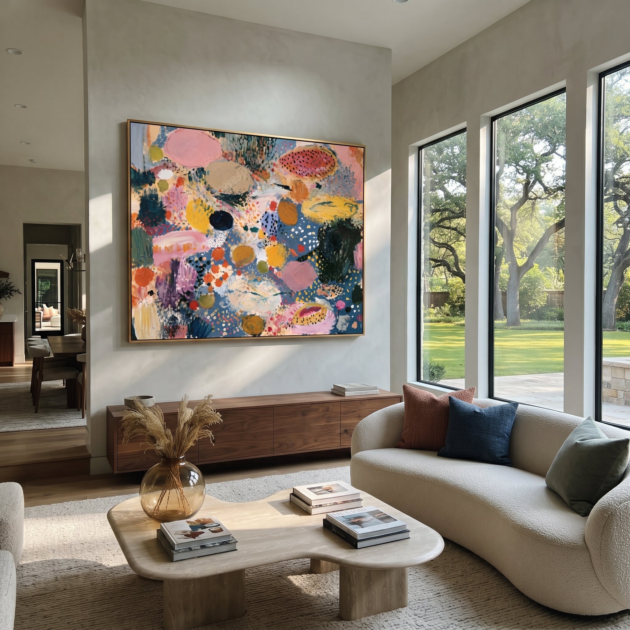 "Spotted Bohemian Color Field Painting" focuses on atmosphere, surface movement, and sculptural heavy impasto craftsmanship rather than a fixed literal storyline. The composition uses this hand-painted horizontal canvas presents a playful bohemian color-field abstract with slate blue ground, pink oval forms, mustard and ochre patches, black spotted motifs, soft cream movement, and expressive impasto brushwork as the visual anchor, while layered palette-knife paint, raised plaster-like texture