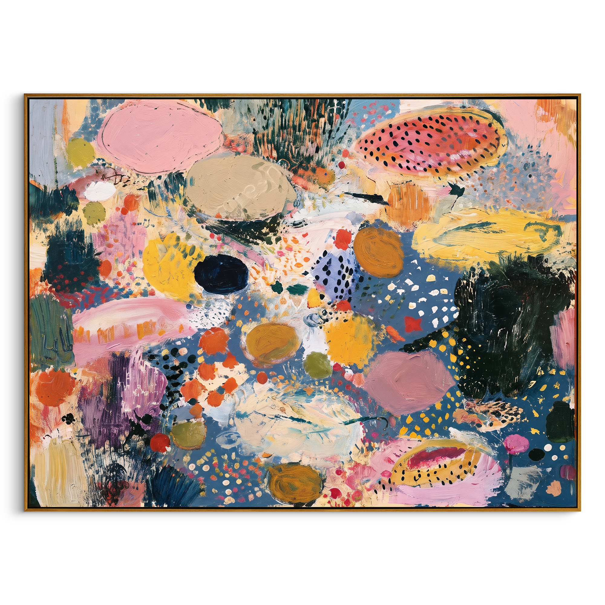 "Spotted Bohemian Color Field Painting" focuses on atmosphere, surface movement, and sculptural heavy impasto craftsmanship rather than a fixed literal storyline. The composition uses this hand-painted horizontal canvas presents a playful bohemian color-field abstract with slate blue ground, pink oval forms, mustard and ochre patches, black spotted motifs, soft cream movement, and expressive impasto brushwork as the visual anchor, while layered palette-knife paint, raised plaster-like texture