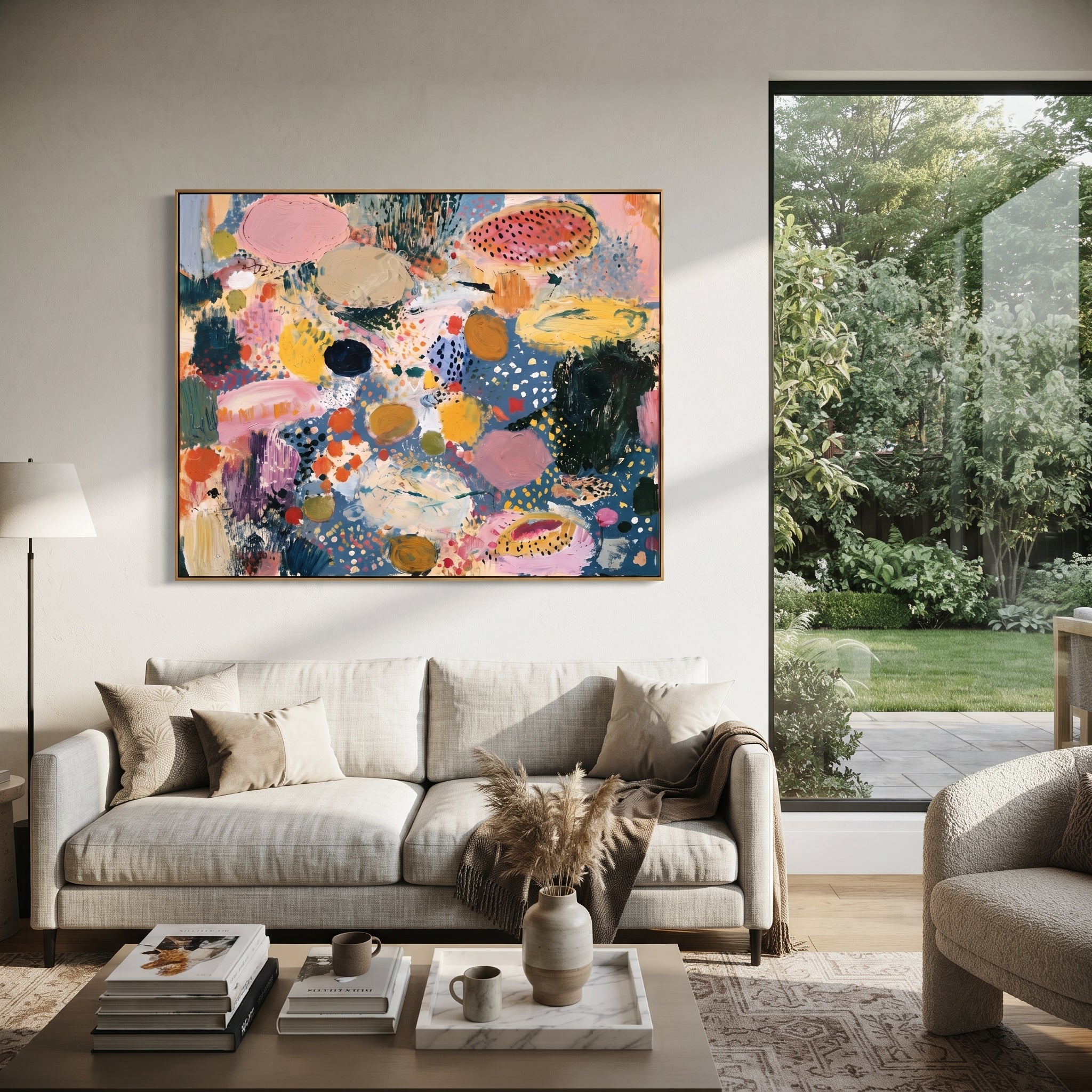 "Spotted Bohemian Color Field Painting" focuses on atmosphere, surface movement, and sculptural heavy impasto craftsmanship rather than a fixed literal storyline. The composition uses this hand-painted horizontal canvas presents a playful bohemian color-field abstract with slate blue ground, pink oval forms, mustard and ochre patches, black spotted motifs, soft cream movement, and expressive impasto brushwork as the visual anchor, while layered palette-knife paint, raised plaster-like texture