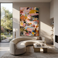 "Vertical Bohemian Patchwork Painting" focuses on atmosphere, surface movement, and sculptural heavy impasto craftsmanship rather than a fixed literal storyline. The composition uses this hand-painted vertical canvas presents a layered bohemian patchwork abstract with blush pink passages, mustard yellow blocks, muted blue sweeps, olive green marks, black accents, and richly raised palette-knife texture as the visual anchor, while layered palette-knife paint, raised plaster-like texture, and