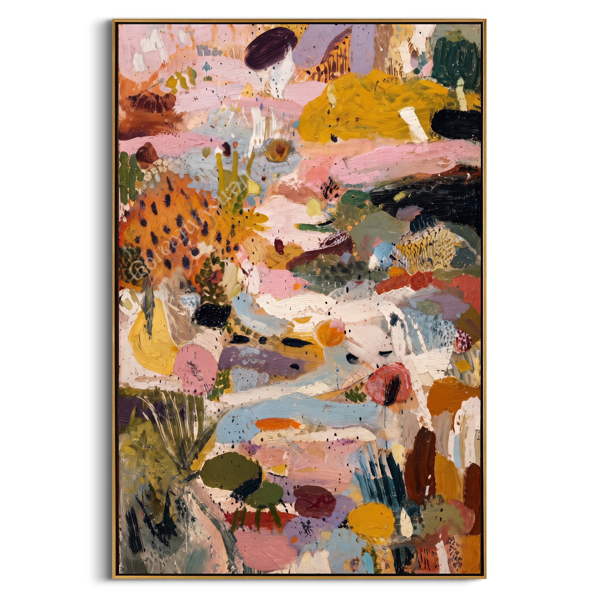 "Vertical Bohemian Patchwork Painting" focuses on atmosphere, surface movement, and sculptural heavy impasto craftsmanship rather than a fixed literal storyline. The composition uses this hand-painted vertical canvas presents a layered bohemian patchwork abstract with blush pink passages, mustard yellow blocks, muted blue sweeps, olive green marks, black accents, and richly raised palette-knife texture as the visual anchor, while layered palette-knife paint, raised plaster-like texture, and