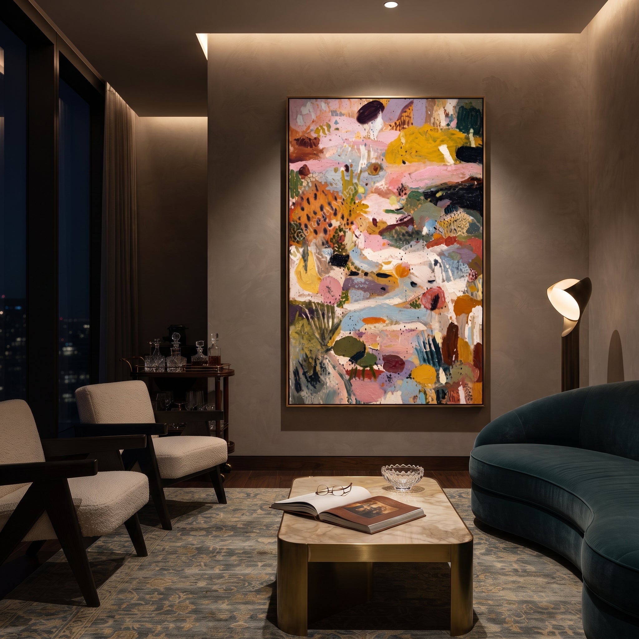 "Vertical Bohemian Patchwork Painting" focuses on atmosphere, surface movement, and sculptural heavy impasto craftsmanship rather than a fixed literal storyline. The composition uses this hand-painted vertical canvas presents a layered bohemian patchwork abstract with blush pink passages, mustard yellow blocks, muted blue sweeps, olive green marks, black accents, and richly raised palette-knife texture as the visual anchor, while layered palette-knife paint, raised plaster-like texture, and