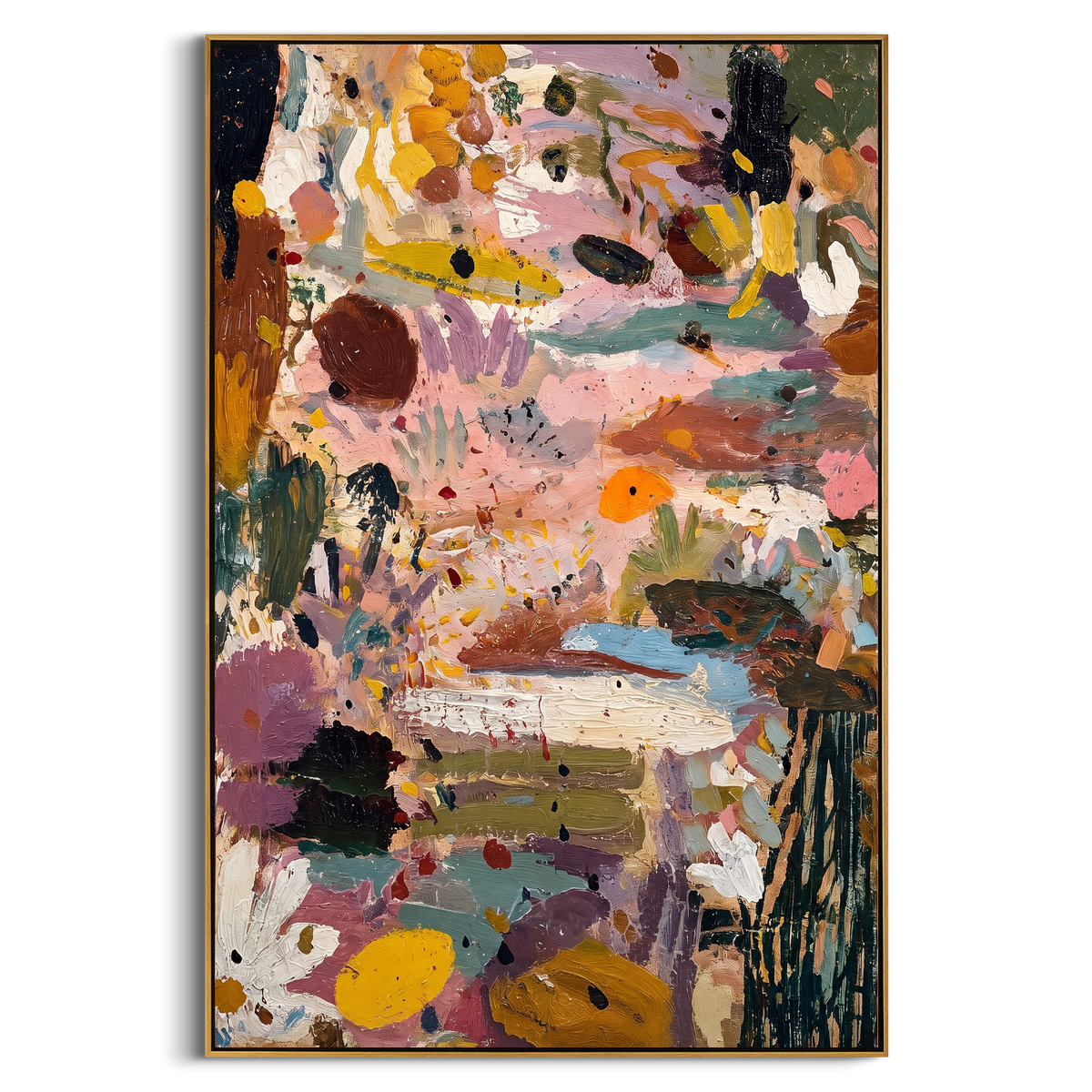 "Pink Ochre Bohemian Abstract Painting" - Modern Heavy Impasto Floral Abstract | Pink & Yellow Palette Knife Painting | Luxury Vertical Wall Art #PT 1358