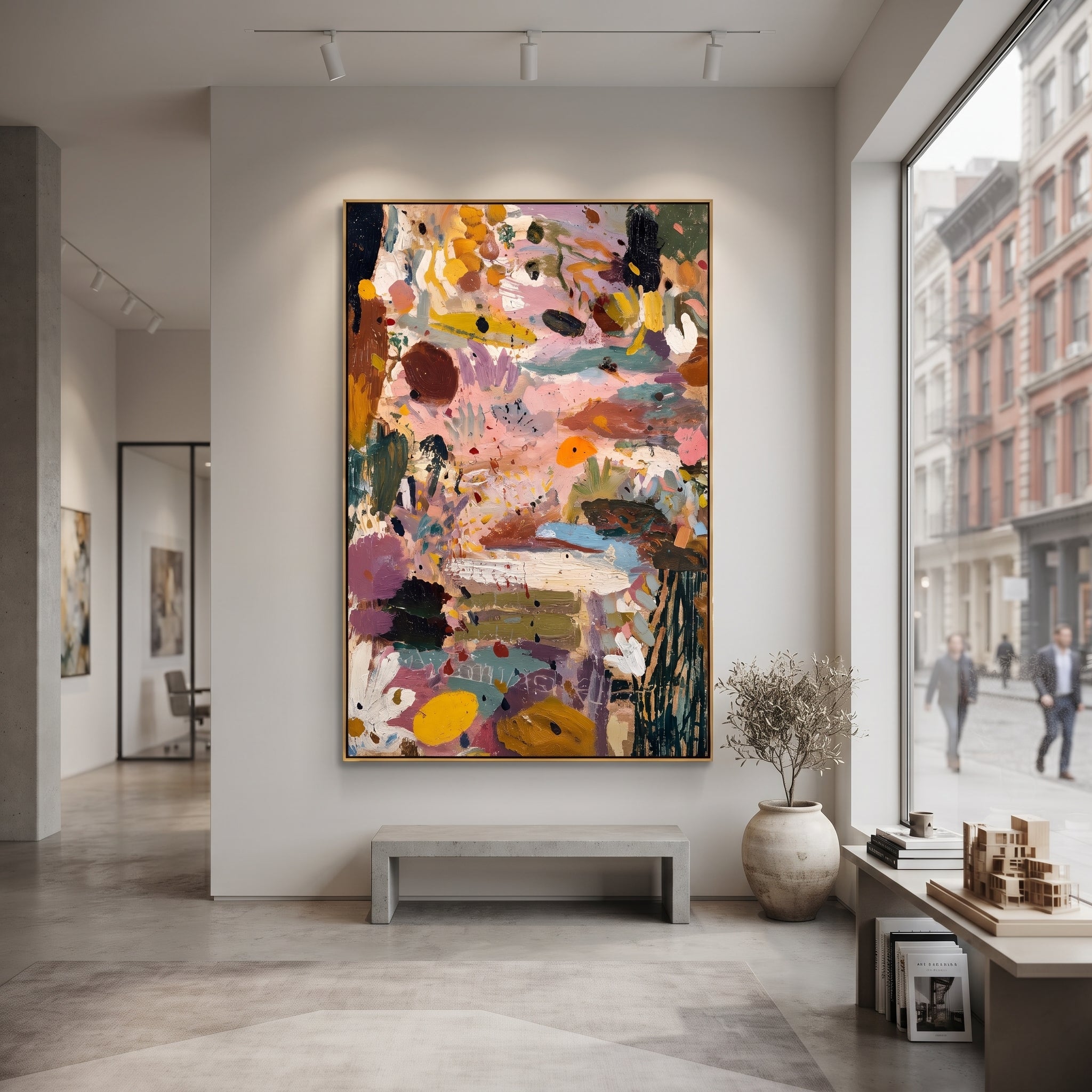 "Pink Ochre Bohemian Abstract Painting" focuses on atmosphere, surface movement, and sculptural heavy impasto craftsmanship rather than a fixed literal storyline. The composition uses this hand-painted vertical canvas presents a layered bohemian abstract with blush pink fields, ochre and mustard passages, teal strokes, deep black accents, cream floral-like marks, and rich impasto texture as the visual anchor, while layered palette-knife paint, raised plaster-like texture, and softened brush